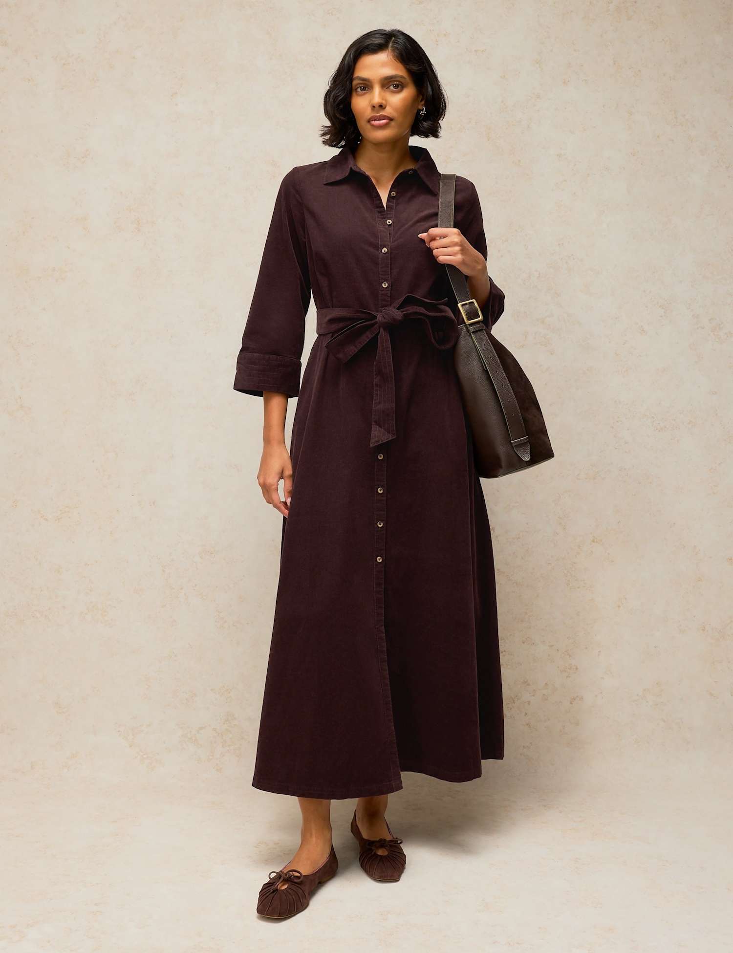 White Stuff Soma Cord Midi Shirt Dress Brown