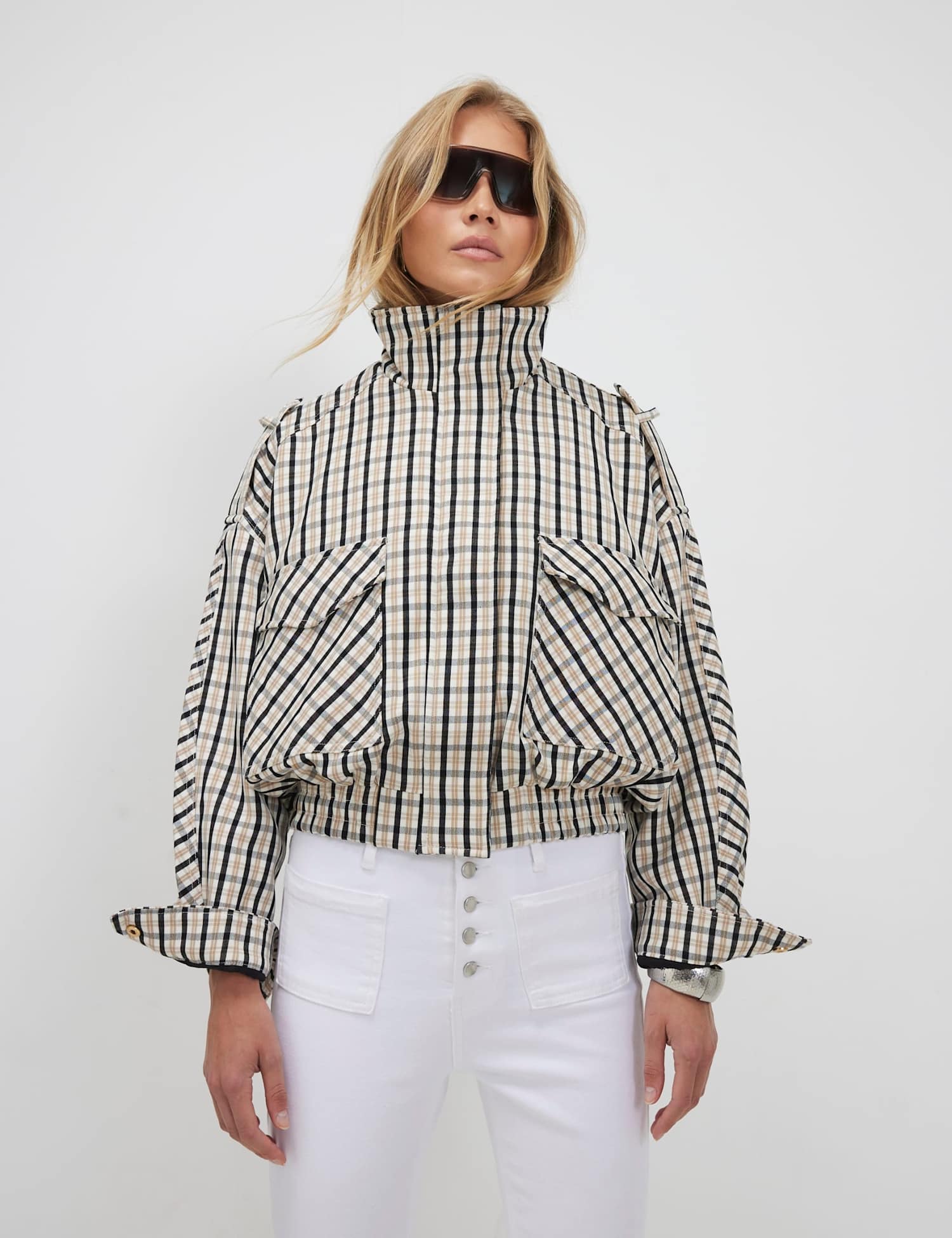 River Island Checked Oversized Funnel Neck Bomber Jacket Cream Mix