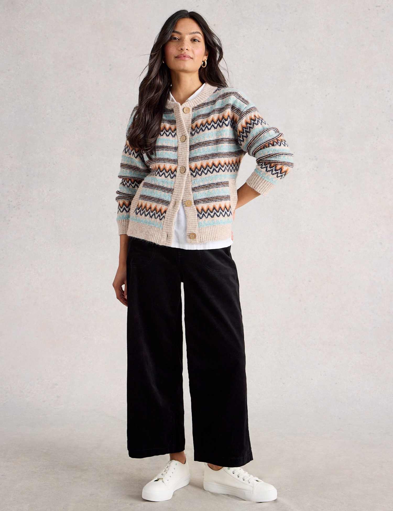 White Stuff Fair Isle Crew Neck Cardigan with Wool Natural Mix