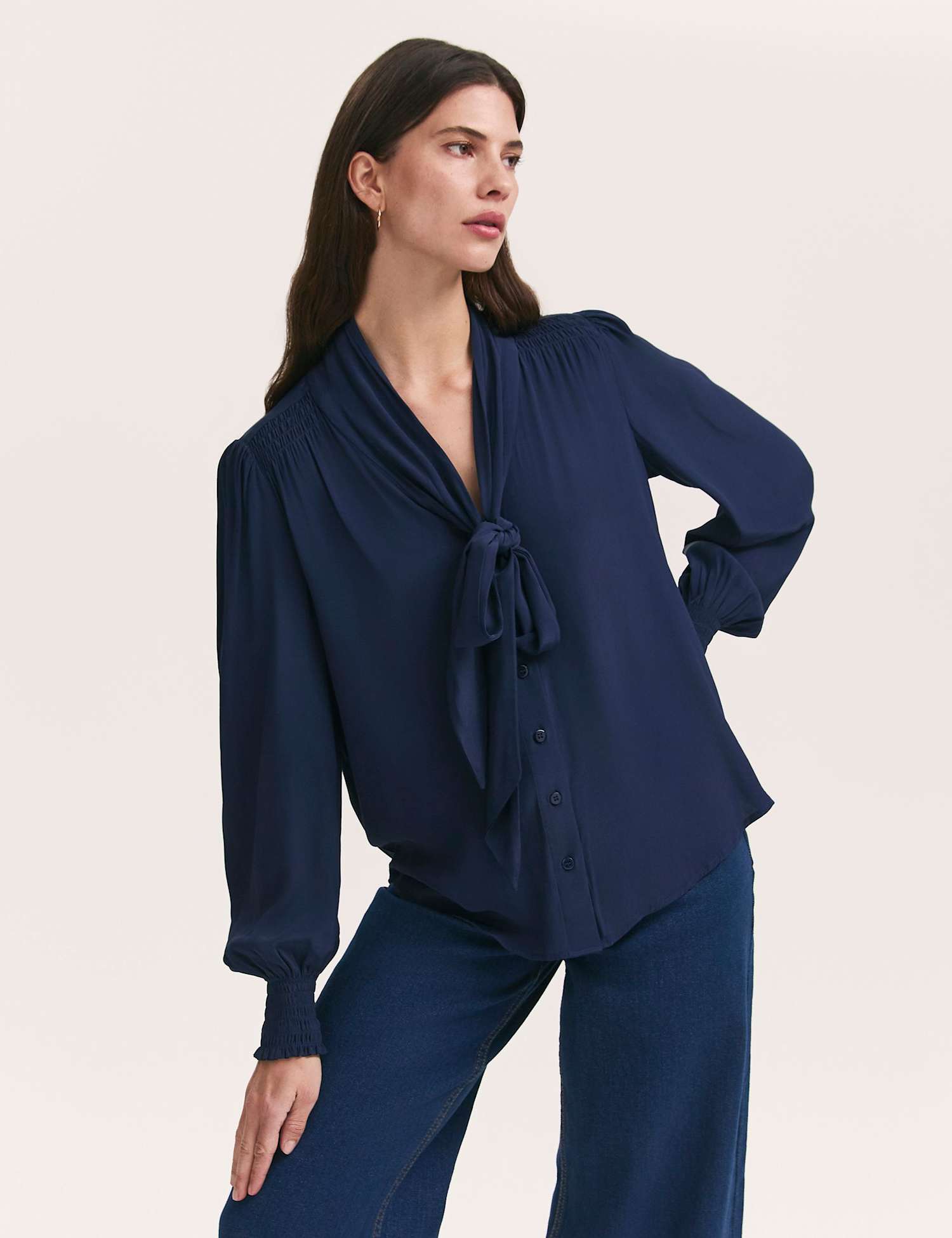 Finery London Crepe Tie Neck Blouse Navy