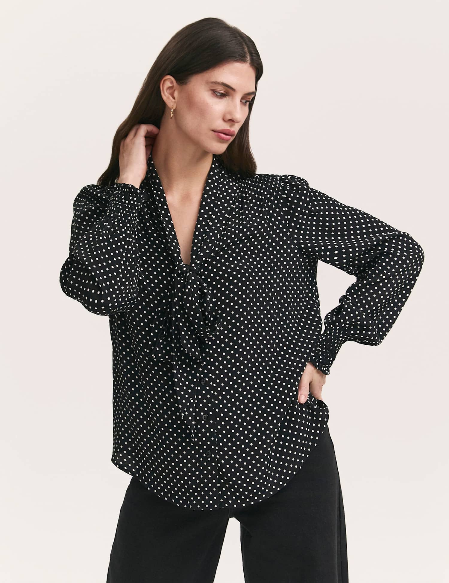 Finery London Polka Dot Tie Neck Blouse Black Mix