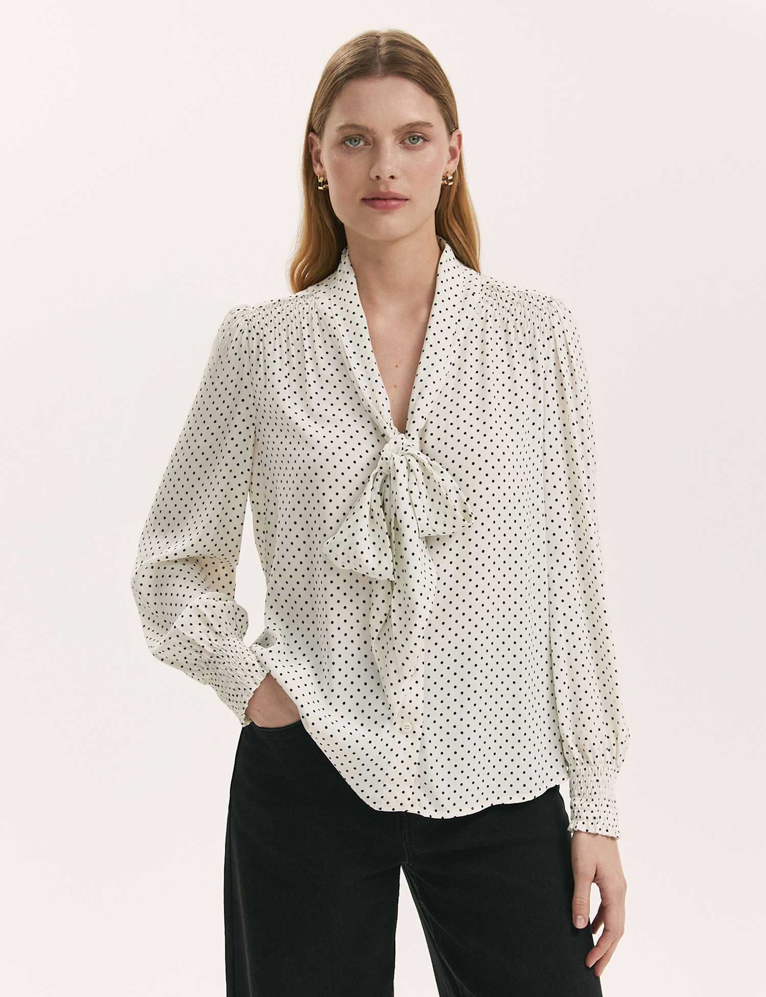 Finery London Polka Dot Tie Neck Blouse Ivory Mix