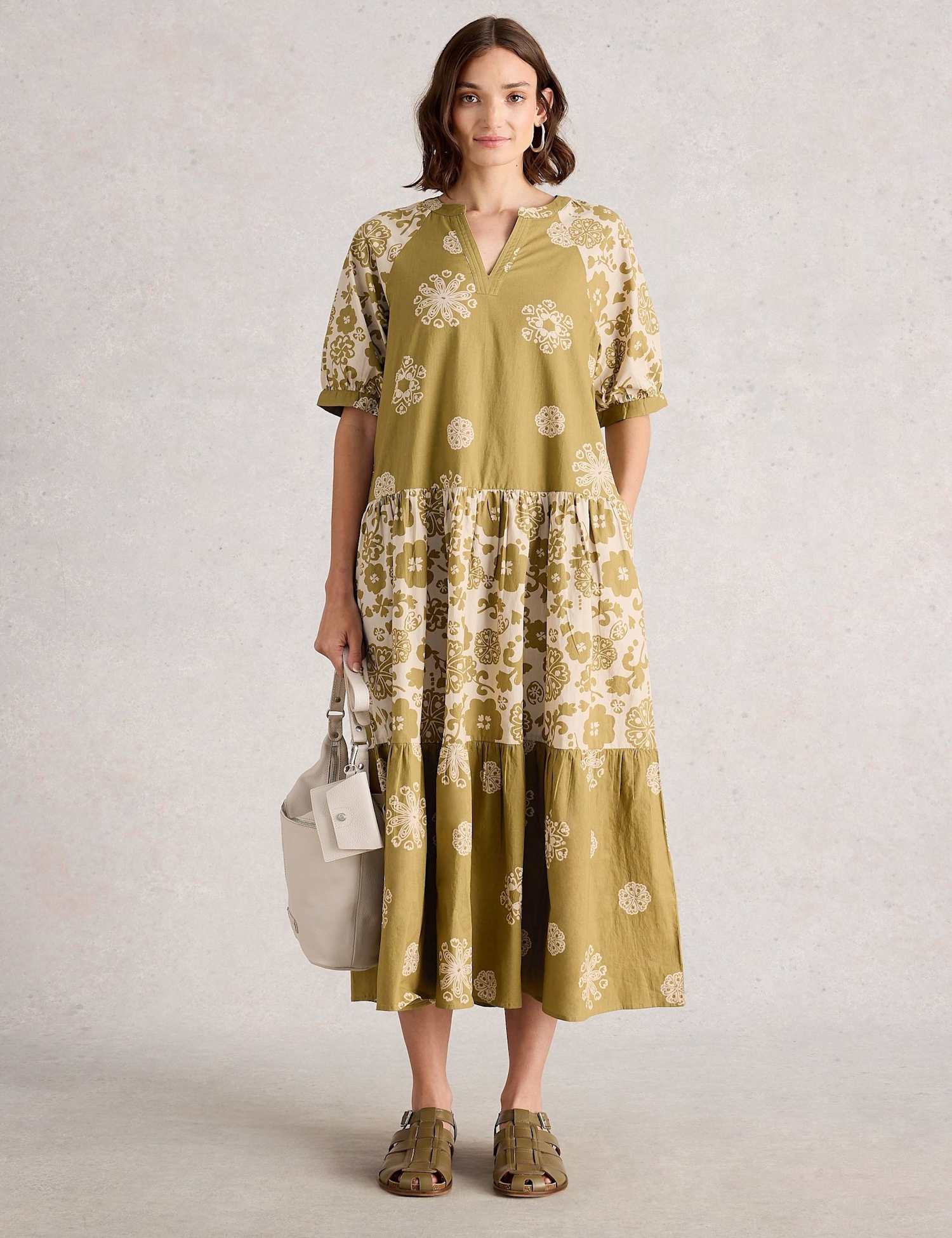 White Stuff Pure Cotton Notch Neck Midi Tiered Dress Green Mix