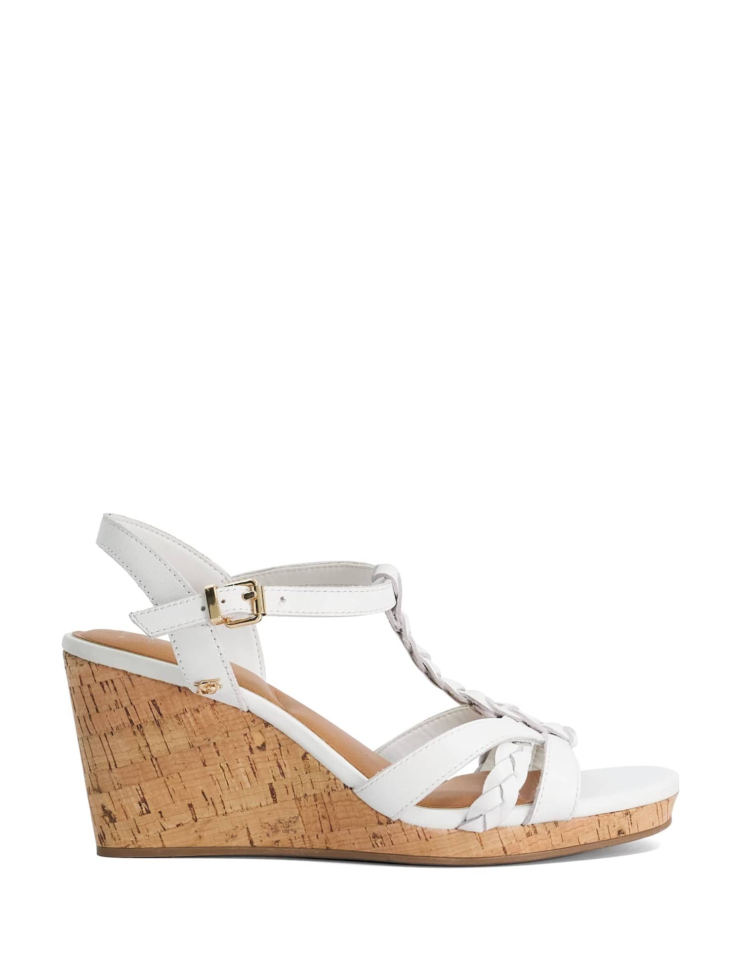 Dune London Wide Fit Leather Plait Detail Wedge Sandals White