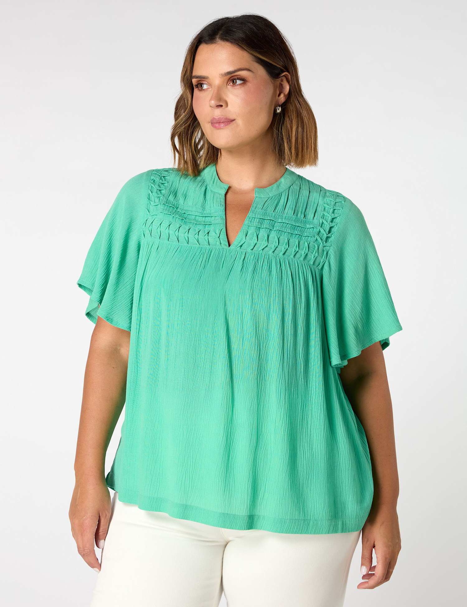 Live Unlimited London Notch Neck Smocked Top Green