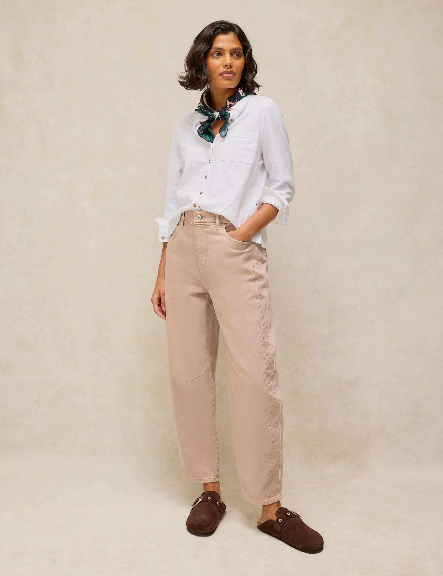 White Stuff Mid Rise Embroidered Barrel Jeans Natural