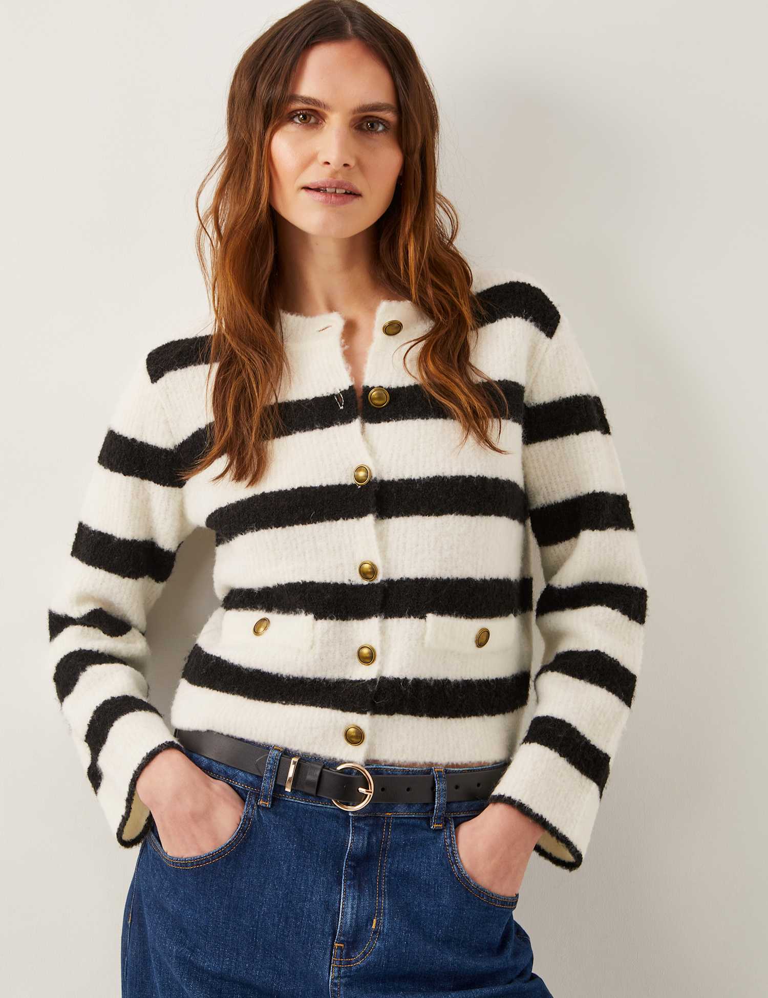 Monsoon Striped Button Front Cardigan with Wool Ivory Mix