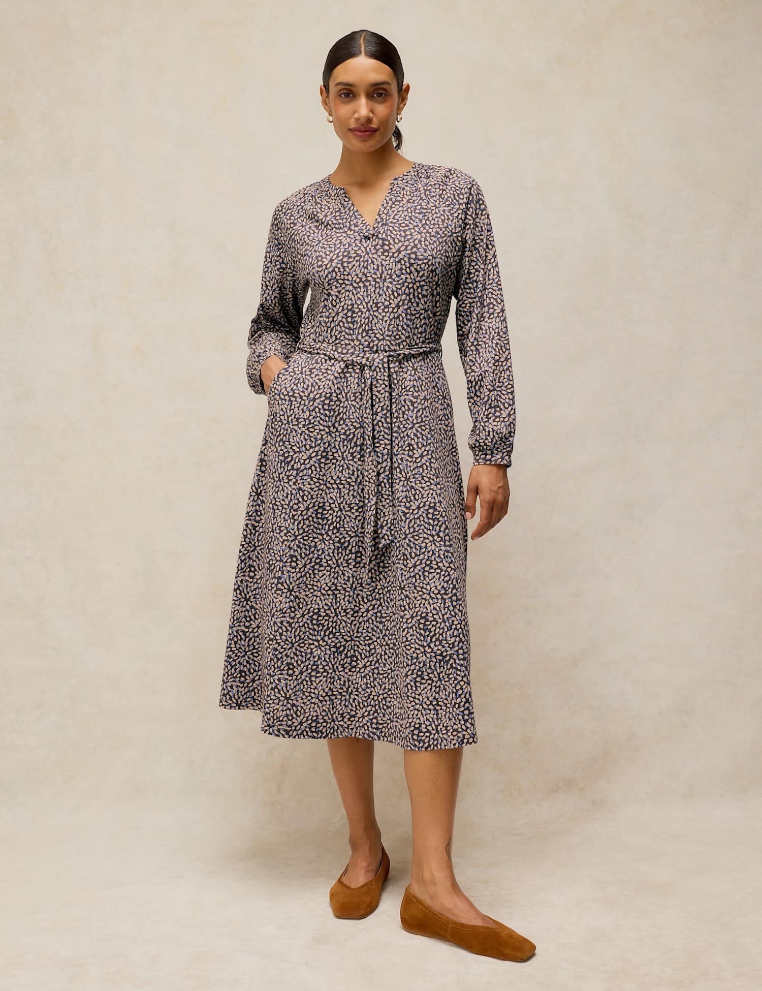 White Stuff Amara Pure Cotton Jersey Printed Midi Waisted Dress Pink Mix