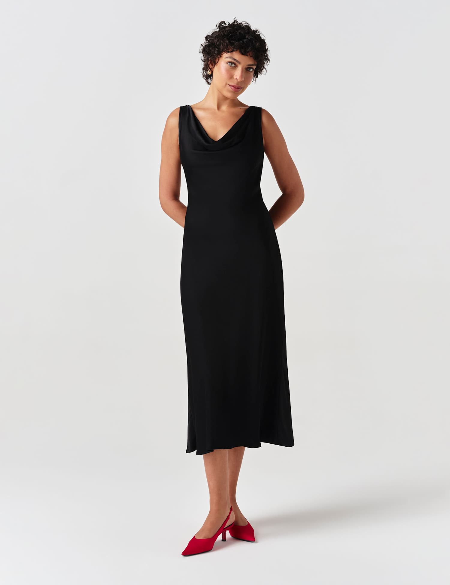 Ghost Satin Cowl Neck Midi Column Dress Black