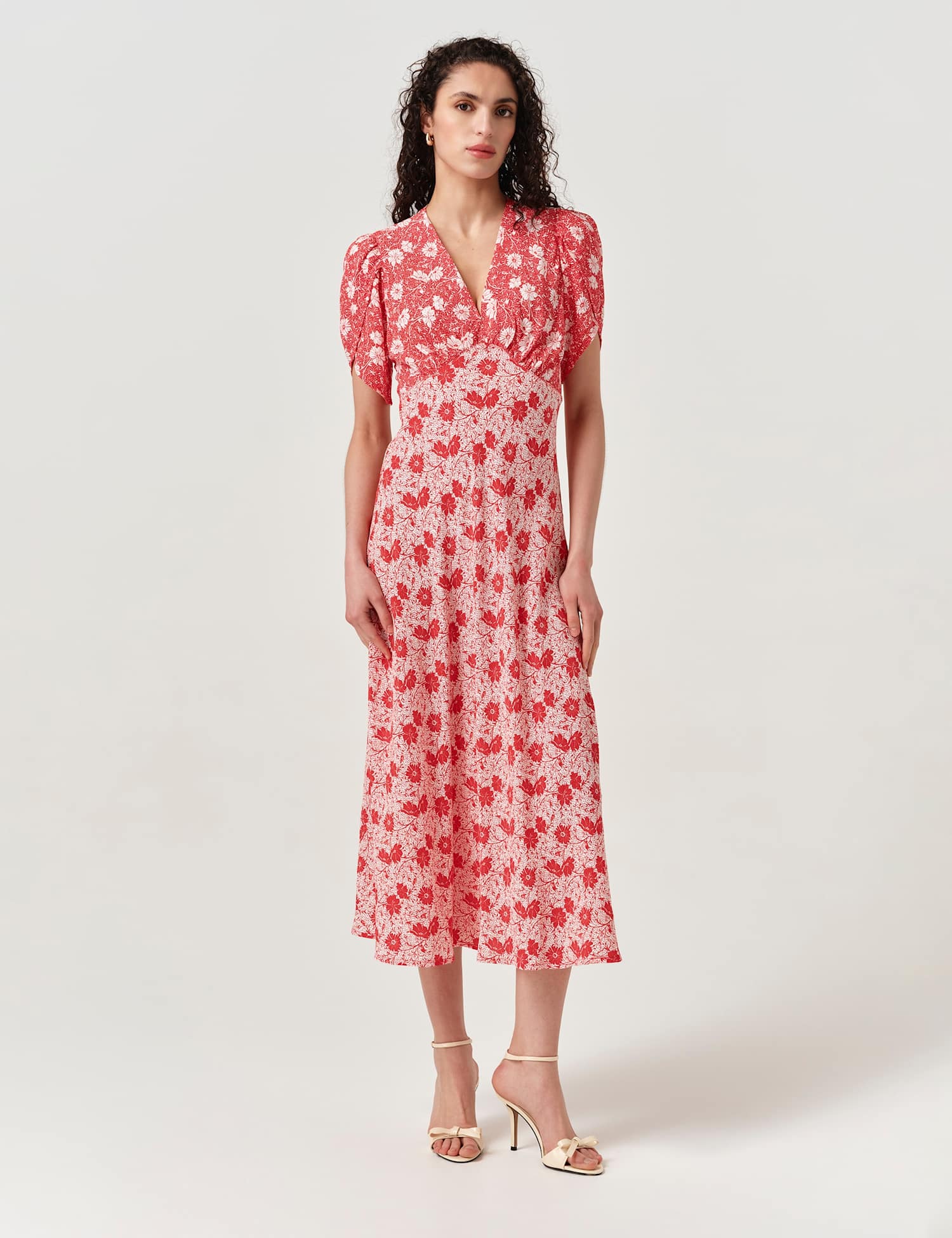 Ghost Crepe Floral Midi Tea Dress Red Mix