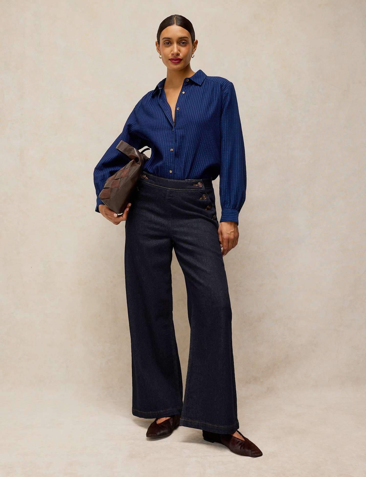 White Stuff Reese Mid Rise Button Detail Wide Leg Jeans Dark Blue Denim