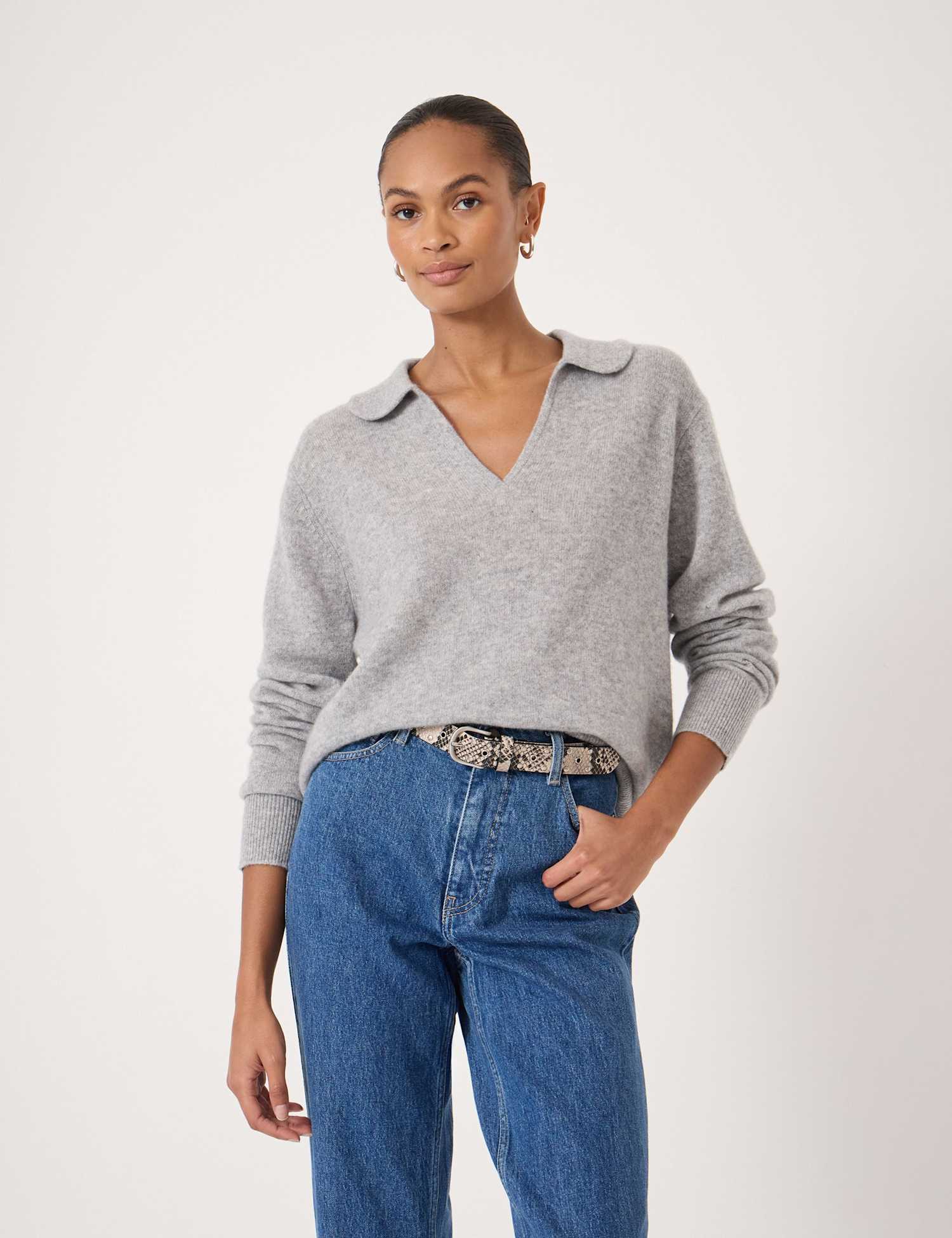 HUSH Pure Cashmere Collared Jumper Grey Marl