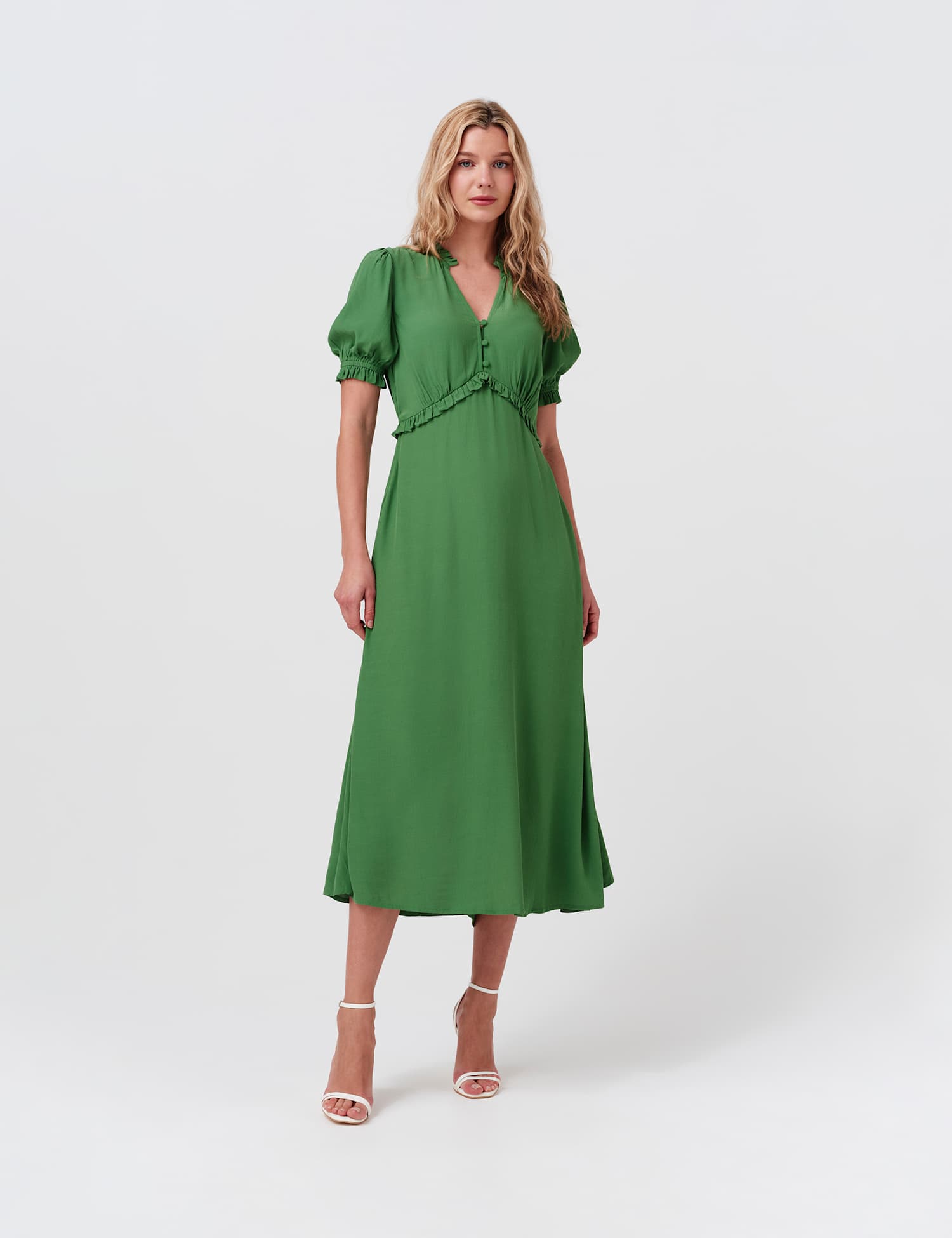 Ghost Crepe V-Neck Midi Tea Dress Green