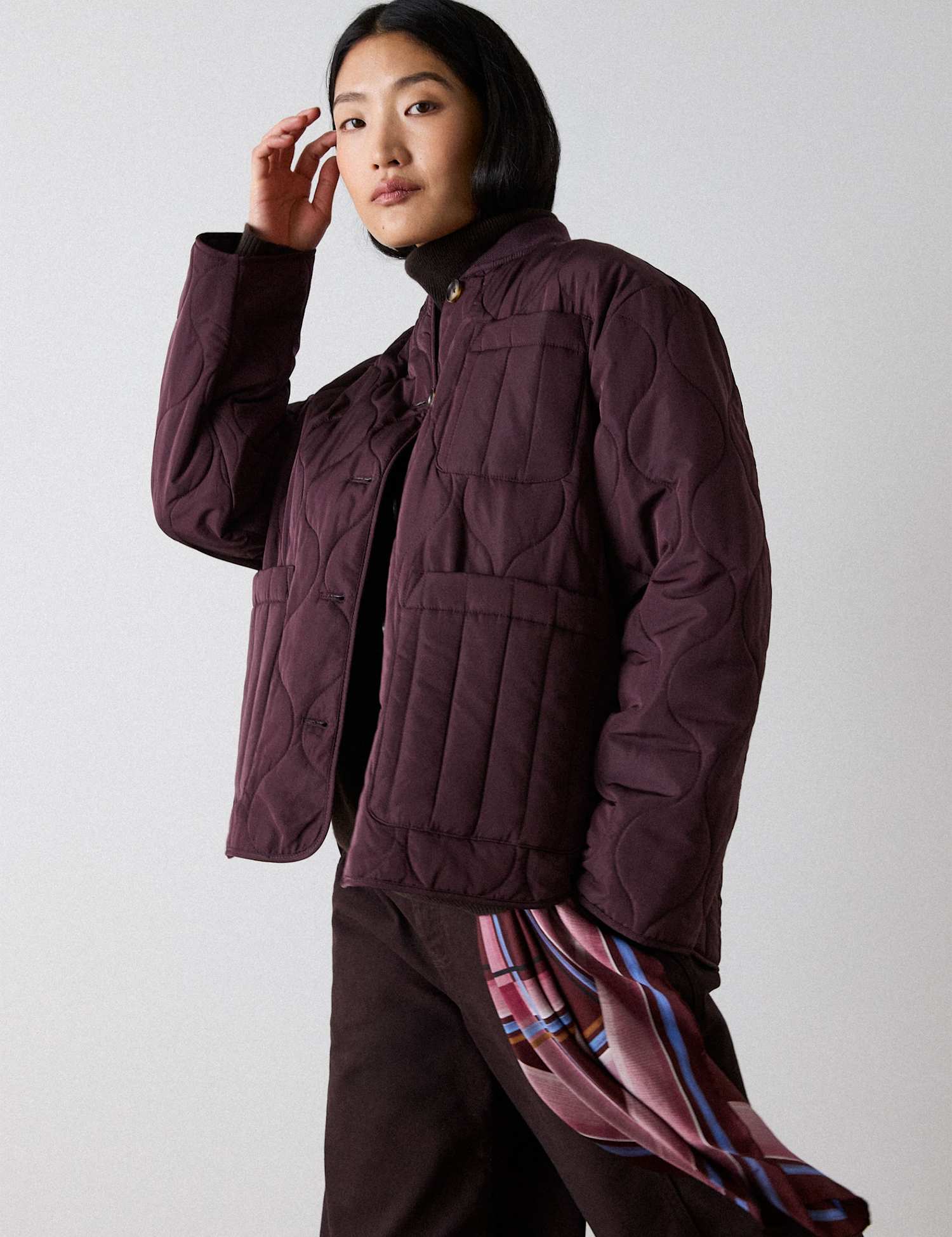 Whistles Quilted Bomber Collar Button Through Coat Burgundy