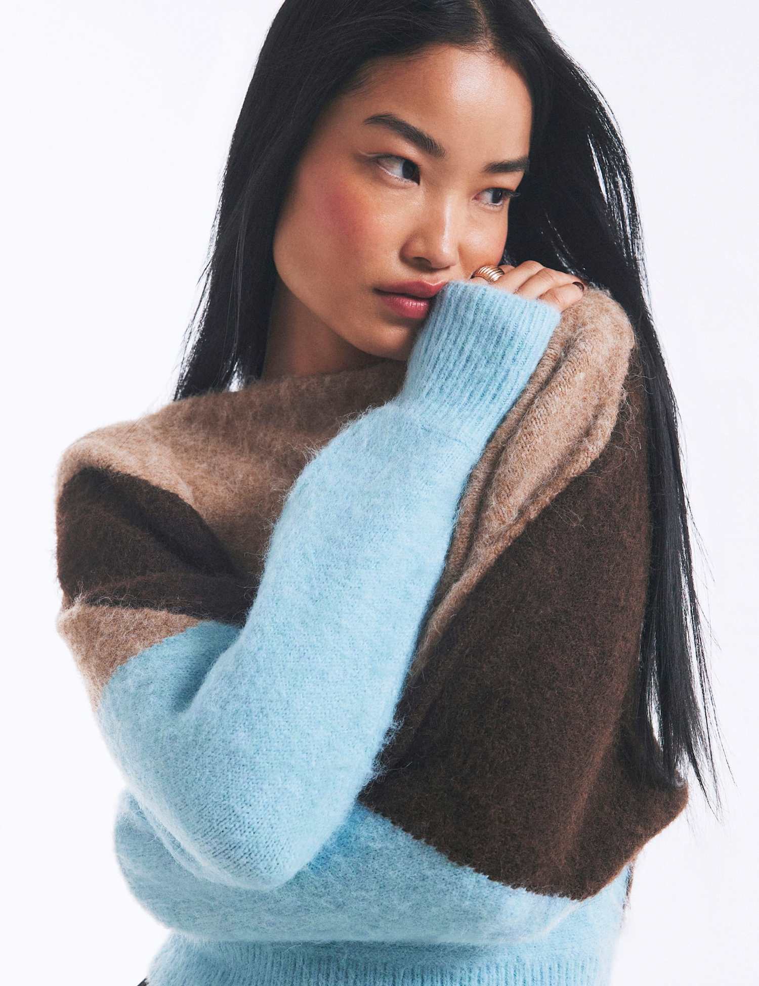 River Island Colour Block Slash Neck Batwing Sleeve Jumper Brown Mix