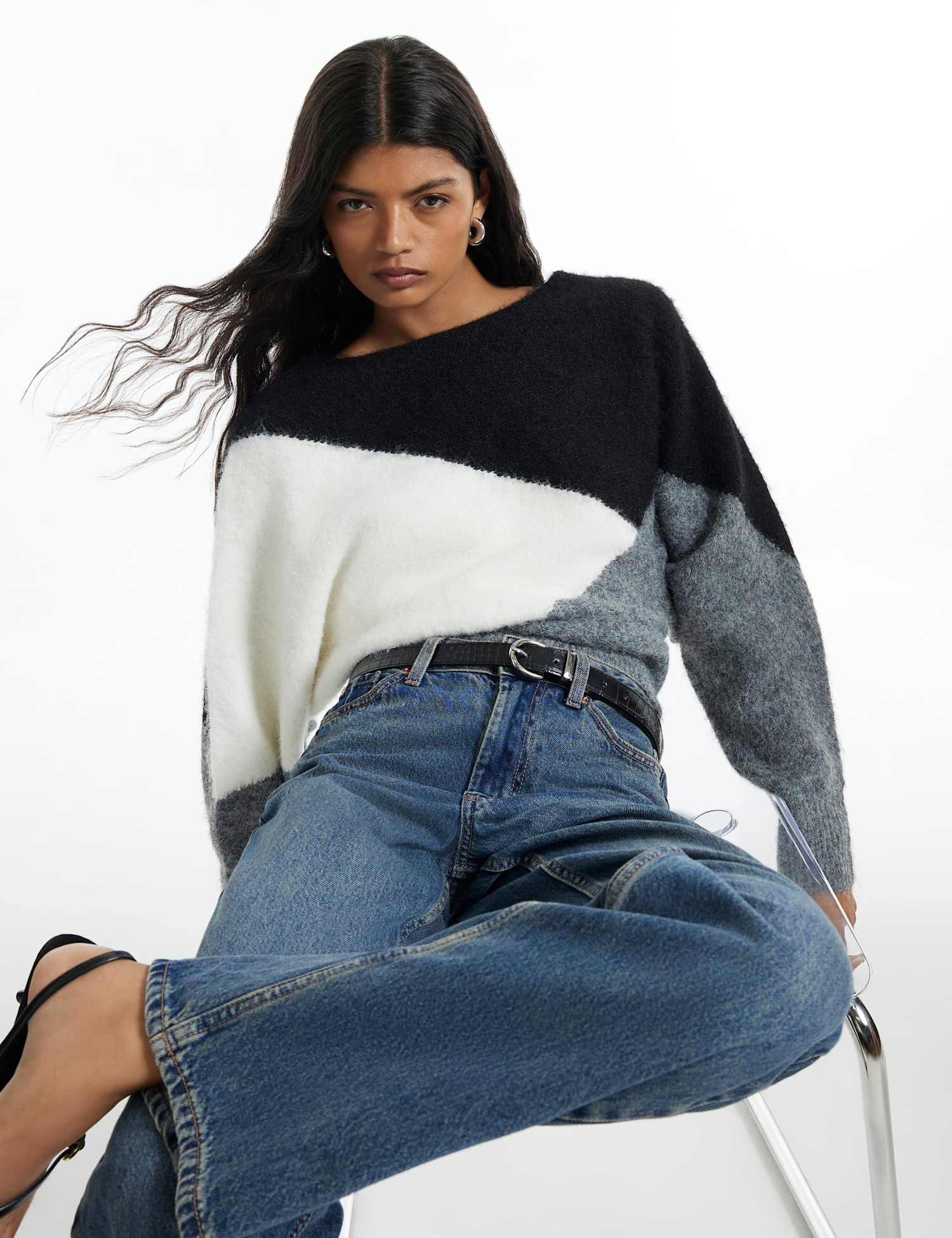 River Island Colour Block Slash Neck Batwing Sleeve Jumper Black Mix
