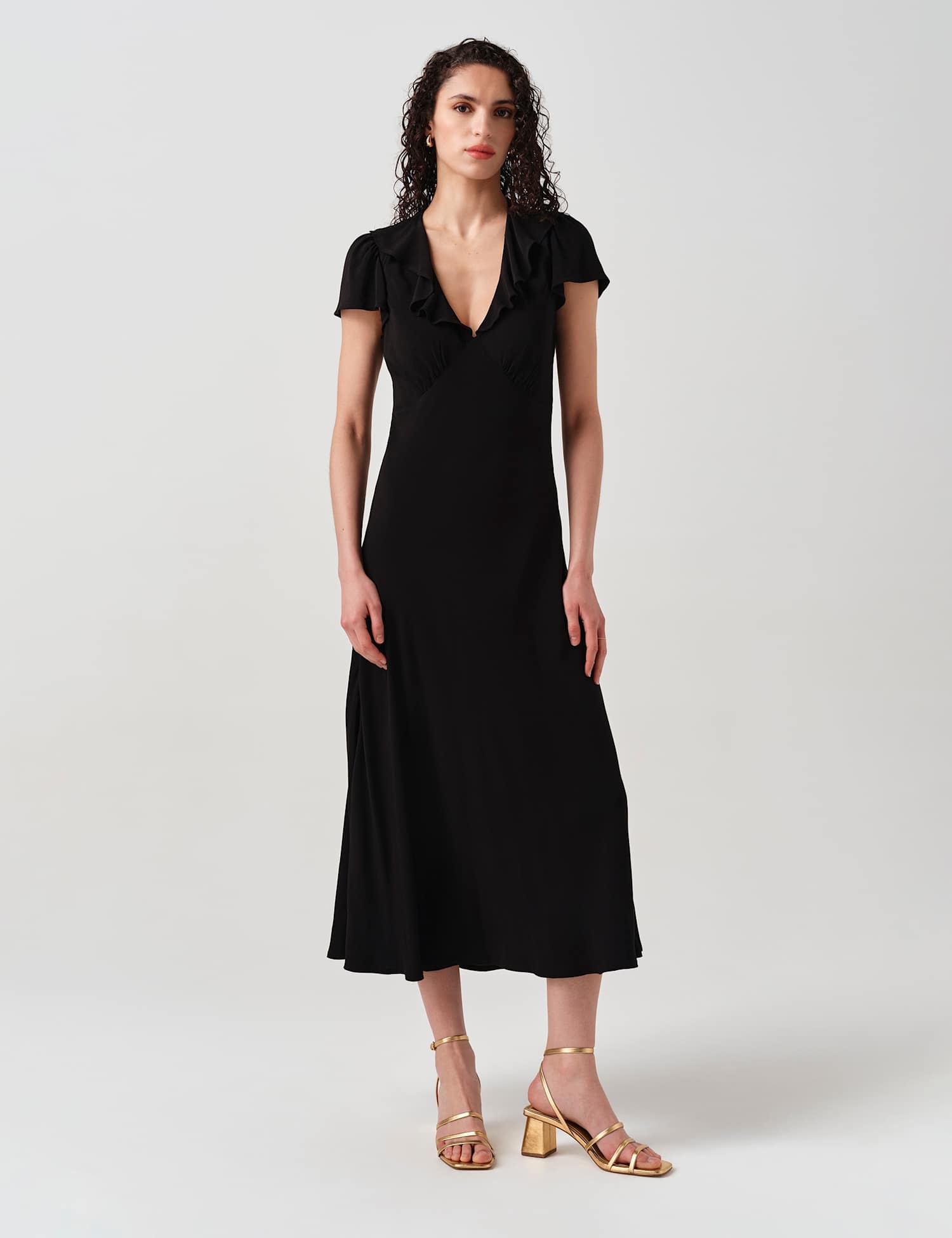 Ghost Crepe Frill V-Neck Midi Tea Dress Black