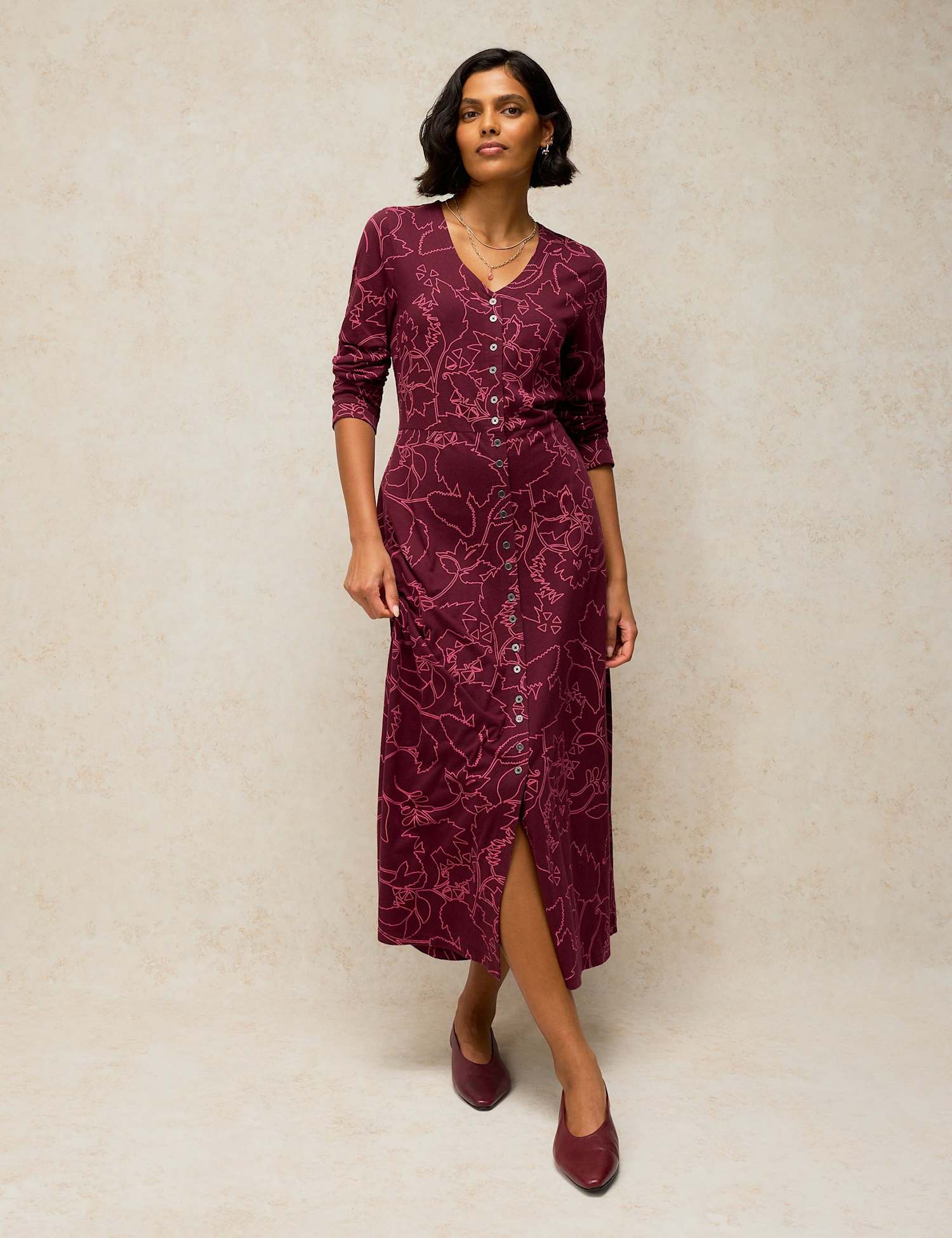 White Stuff Reese Cotton Blend Printed Button Through Midi Dress Plum
