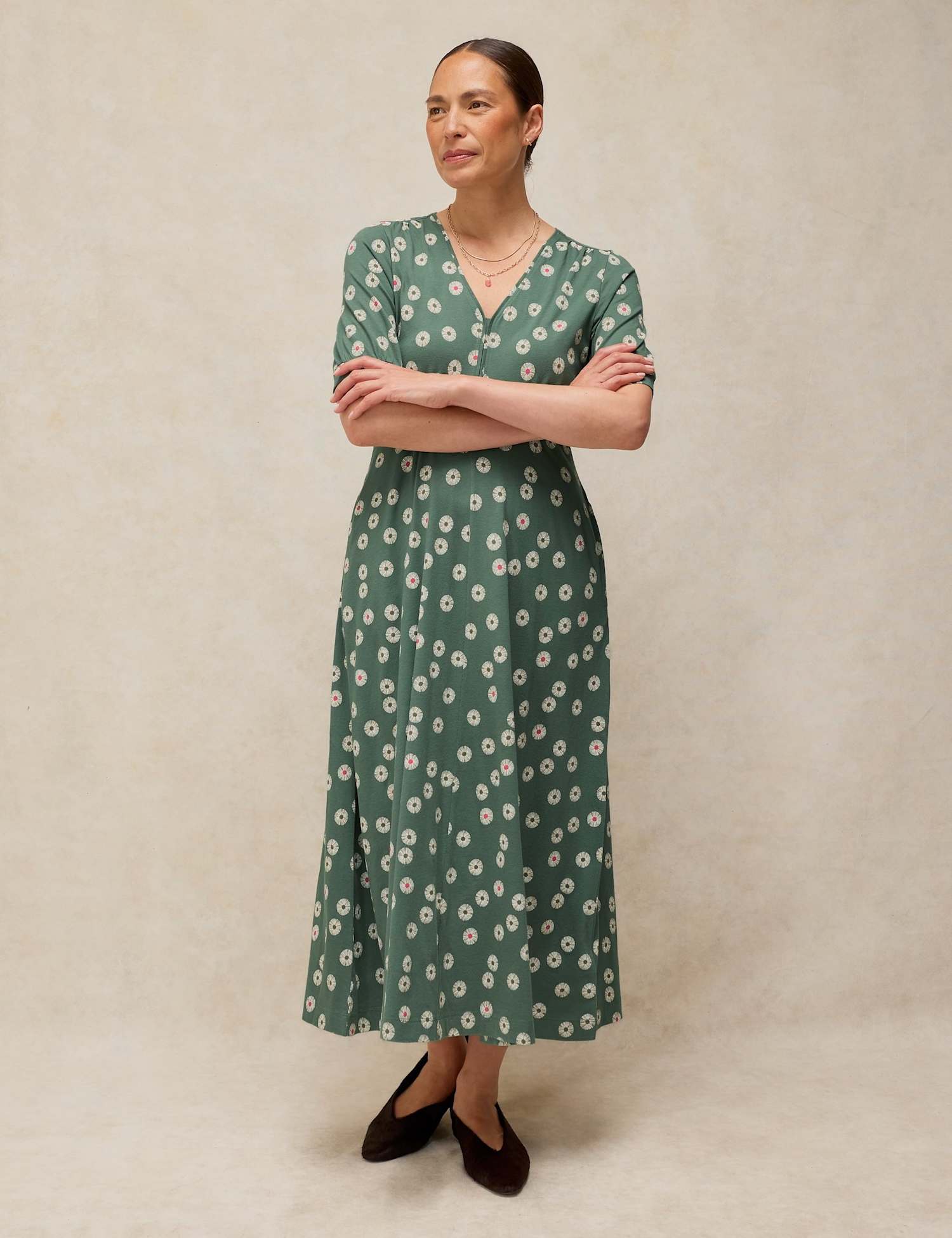 White Stuff Megan Cotton Blend Jersey Printed Midi Tea Dress Green Mix