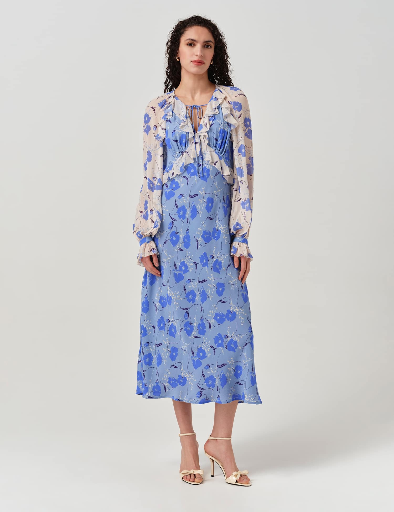 Ghost Floral Frill Detail Midi Tea Dress Blue Mix