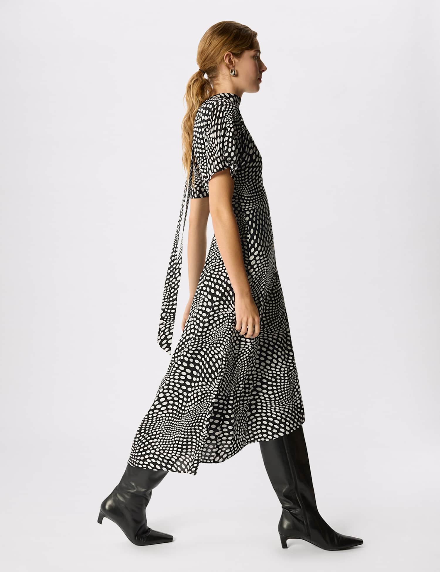Whistles Polka Dot V-Neck Scarf Neck Midi Column Dress Black Mix