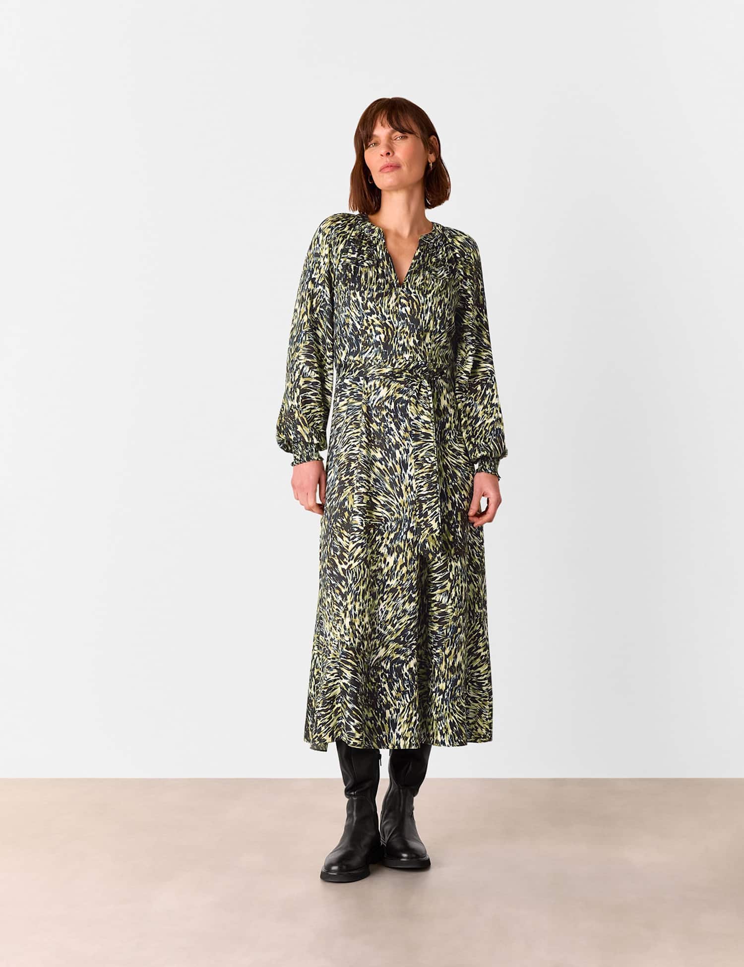 Whistles Leopard Print Notch Neck Midi Skater Dress Khaki Mix