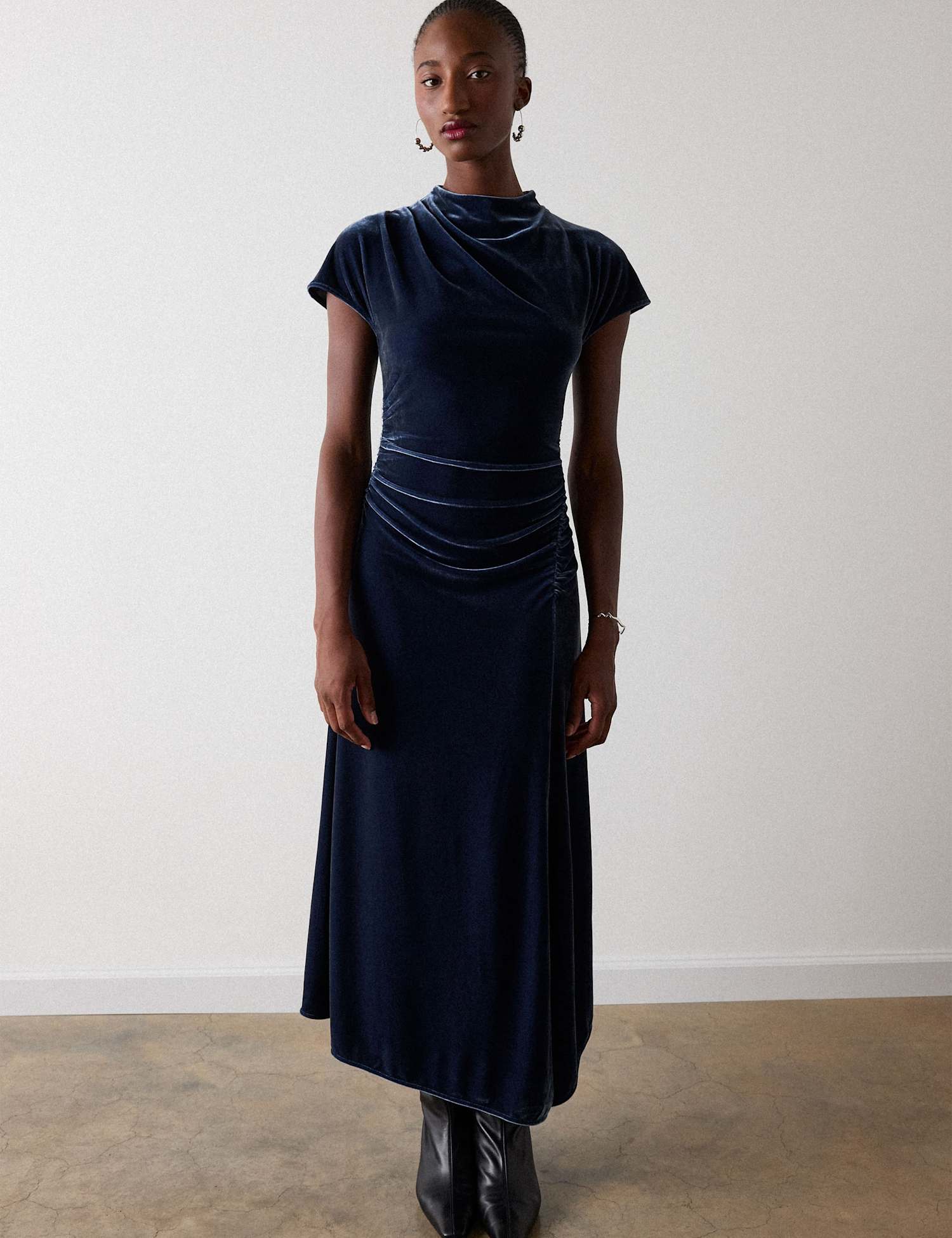 Whistles Velvet Ruched Midi Bodycon Dress Navy