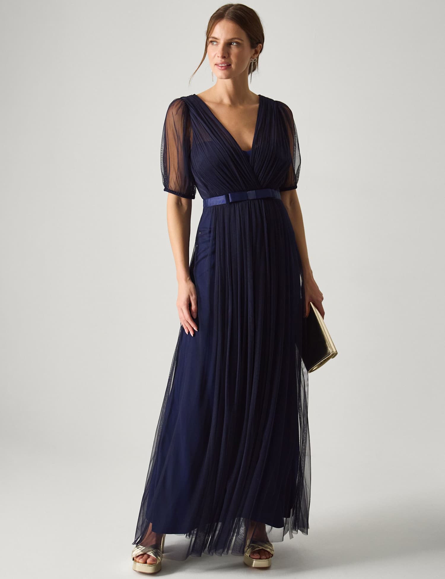 Monsoon Mesh V-Neck Sheer Sleeve Maxi Skater Dress Navy