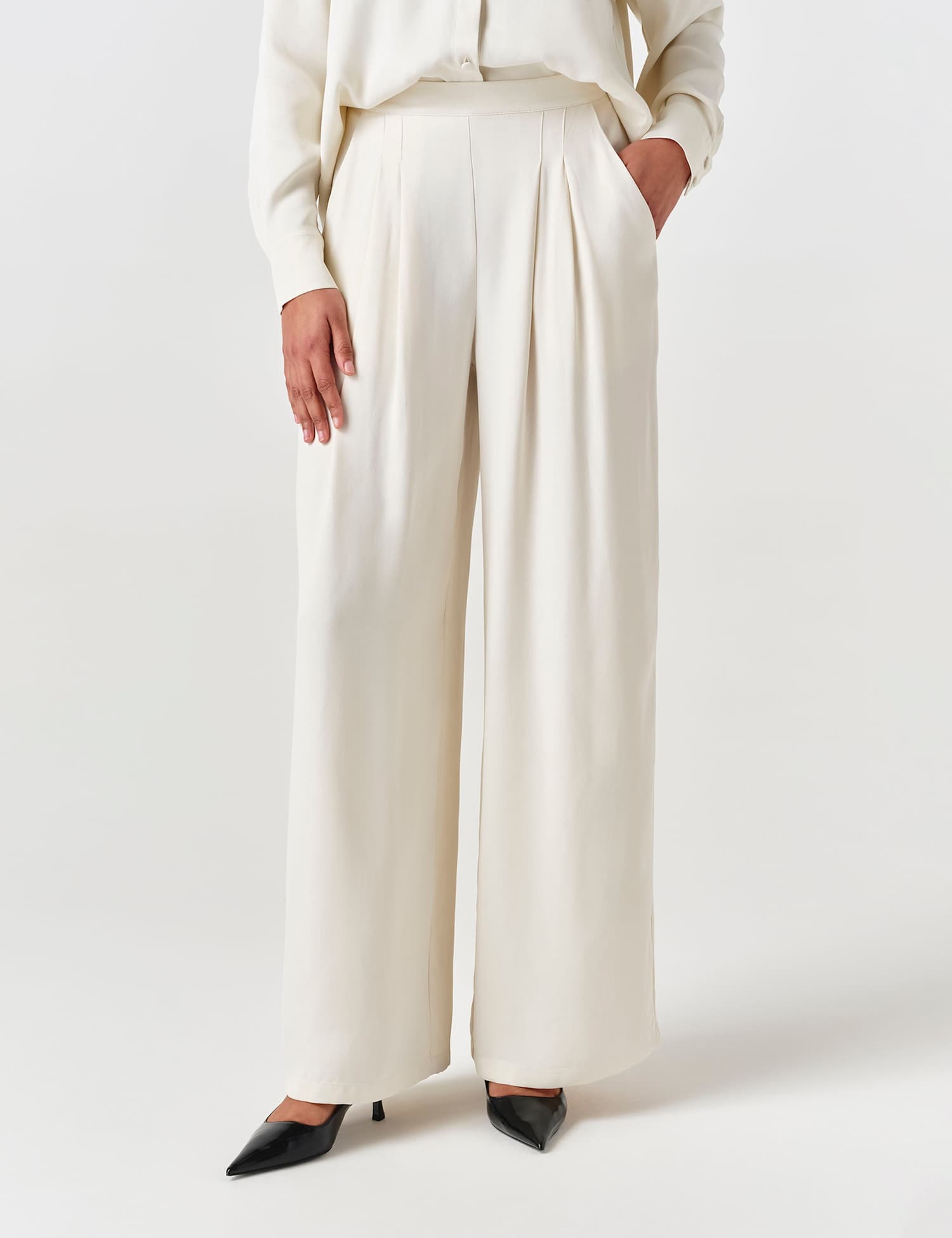Ghost Satin Pleated Wide Leg Trousers Ivory