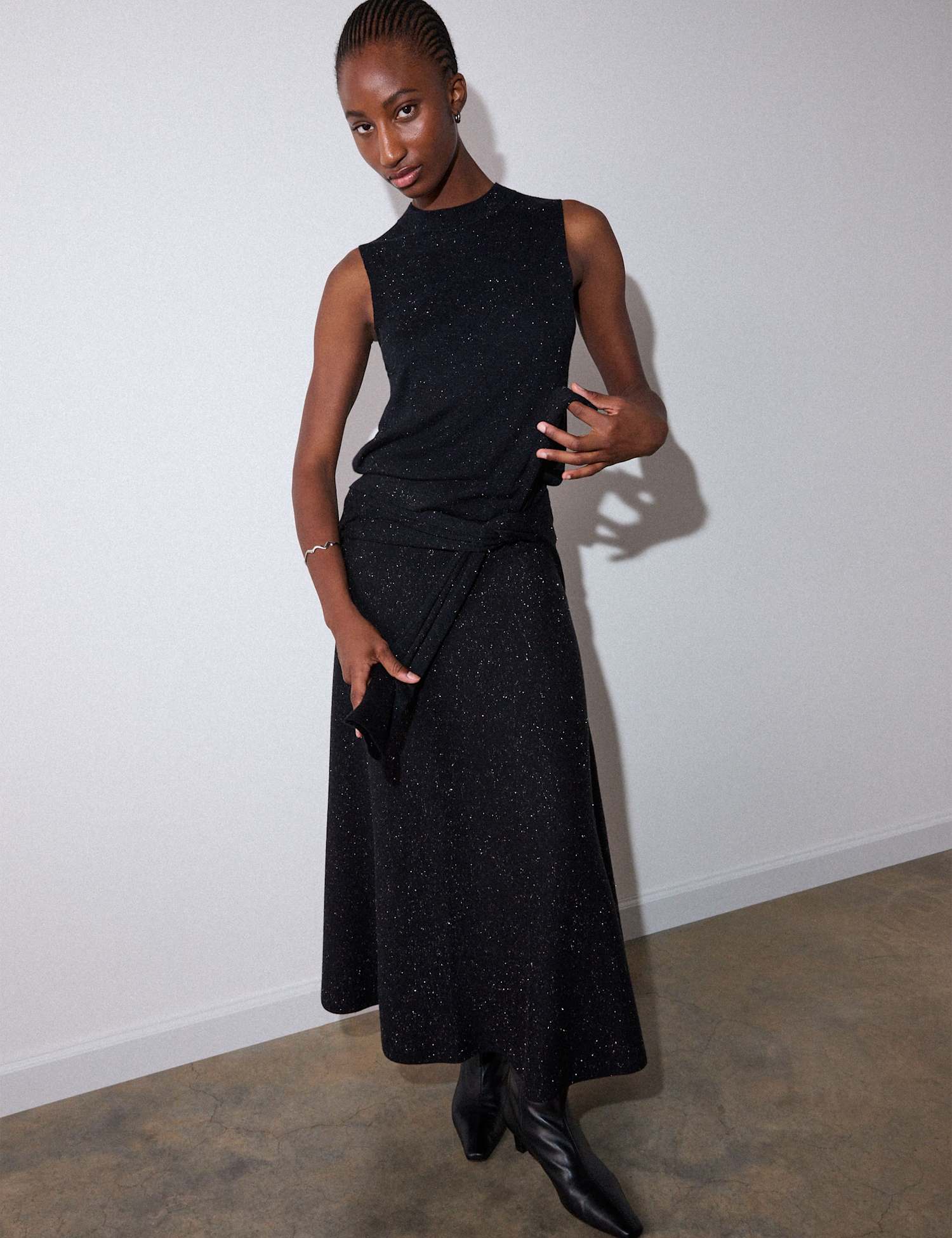 Whistles Sparkly Knitted Midi A-Line Skirt Black