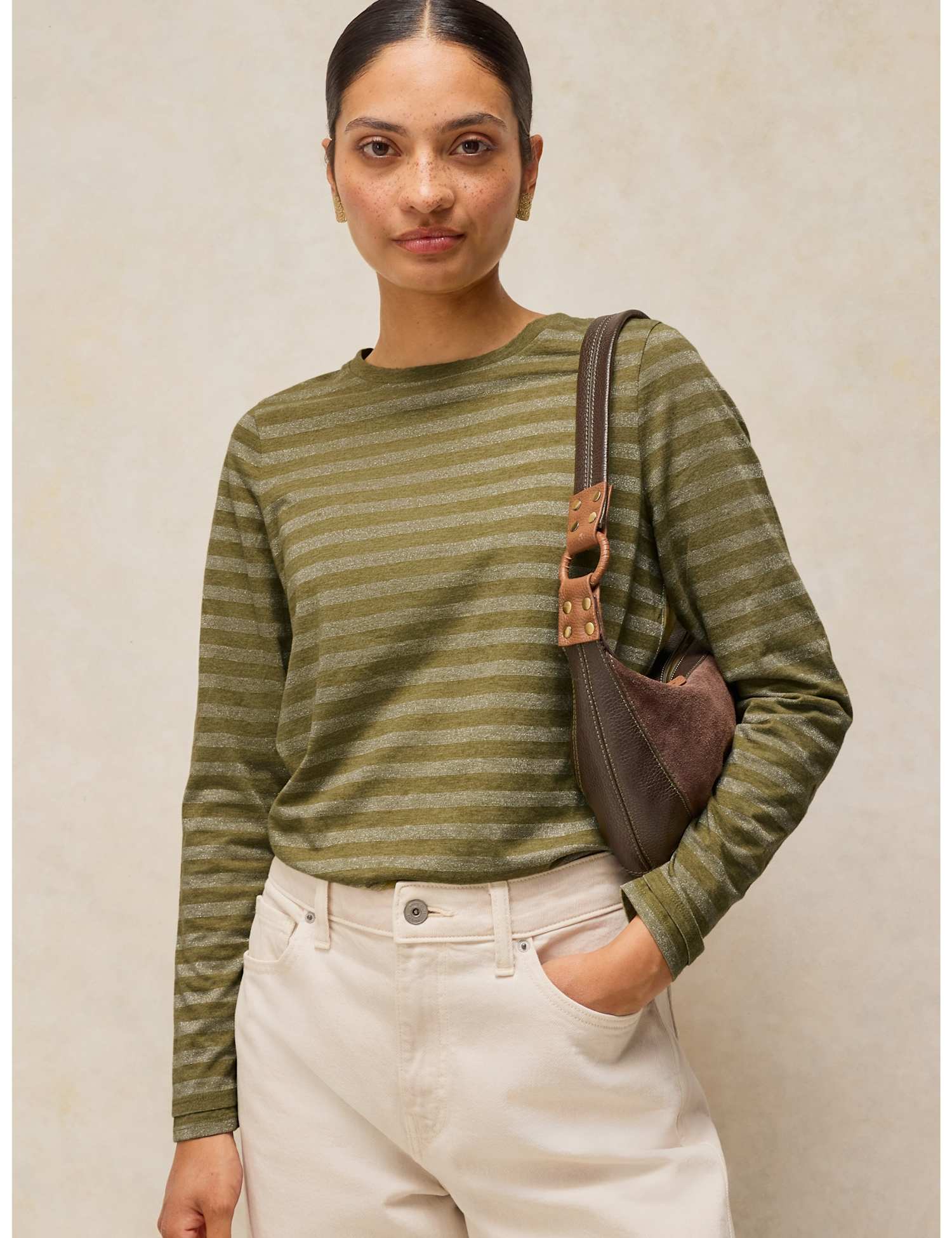White Stuff Clara Striped Sparkly T-Shirt Green Mix