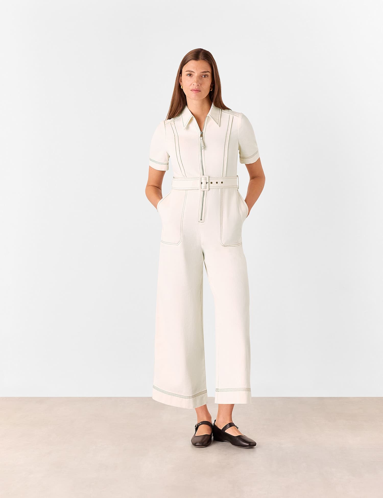 Whistles Denim Belted Short Sleeve Jumpsuit Ivory