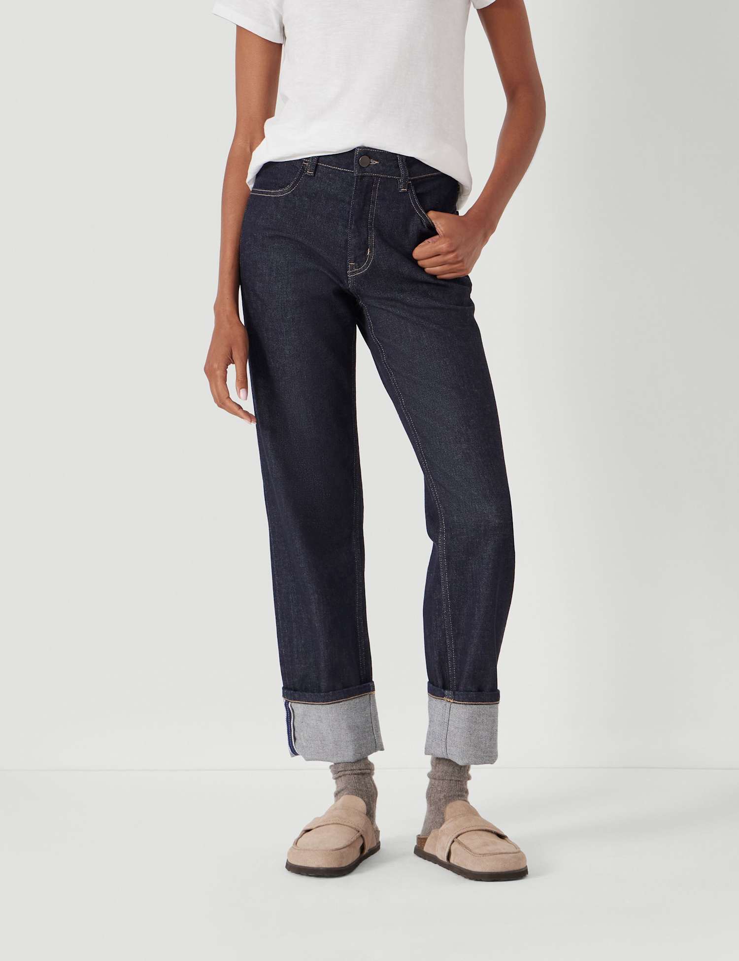 HUSH Mid Rise Straight Leg Turn Up Jeans Dark Indigo