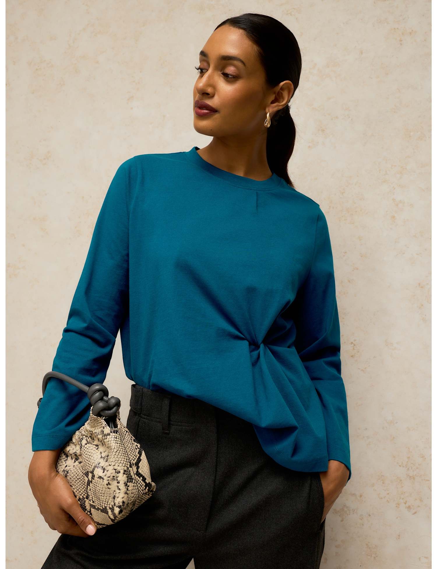 White Stuff Grace Pure Cotton Twist T-Shirt Dark Teal