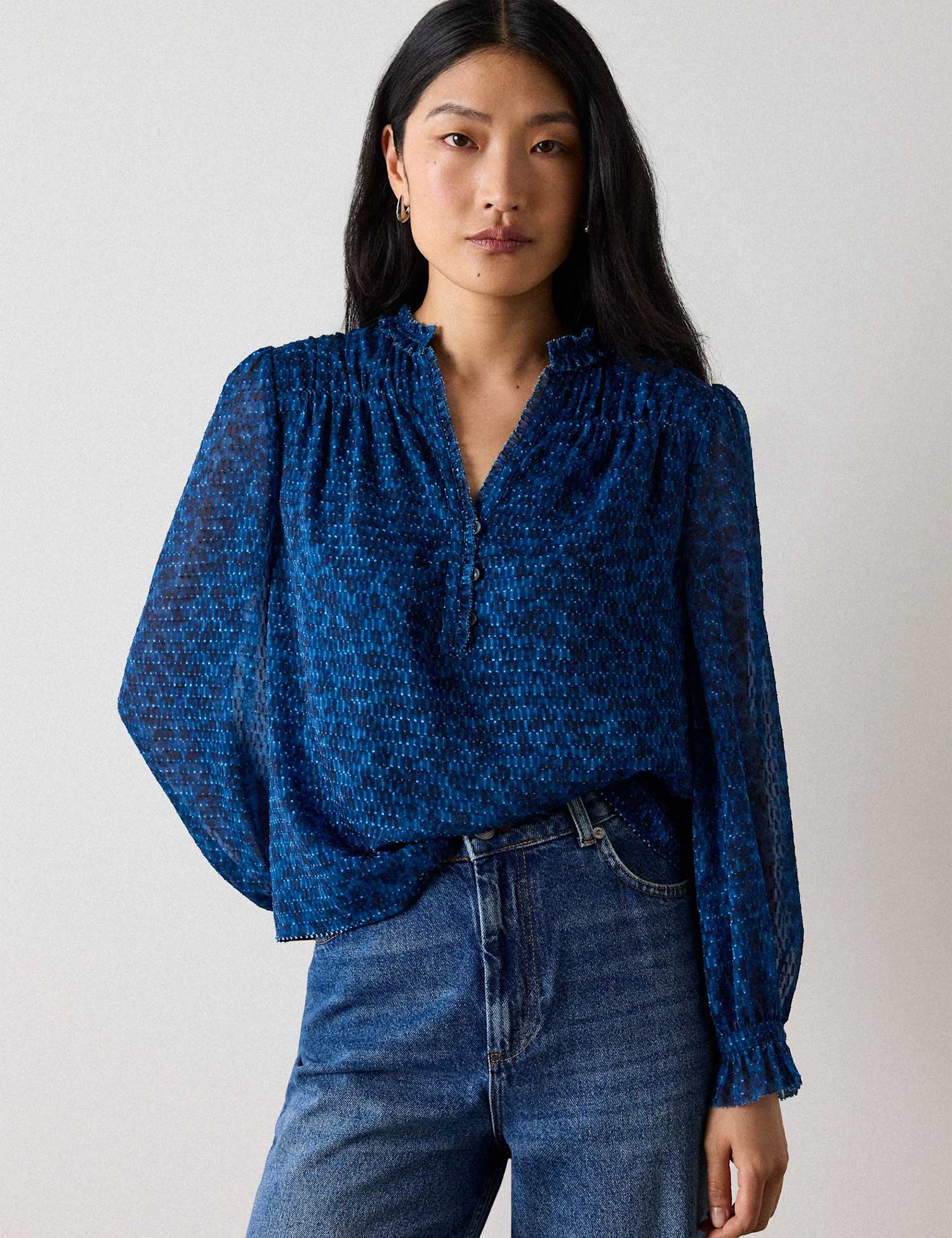 Whistles Ditsy Floral Textured V Neck Blouse Blue Mix