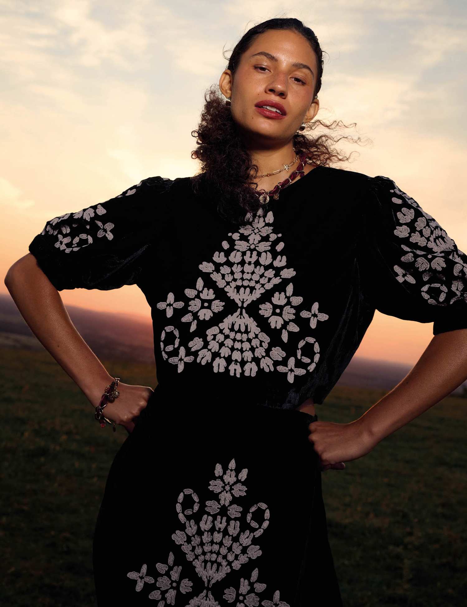 White Stuff Kai Velvet Embroidered Top Black