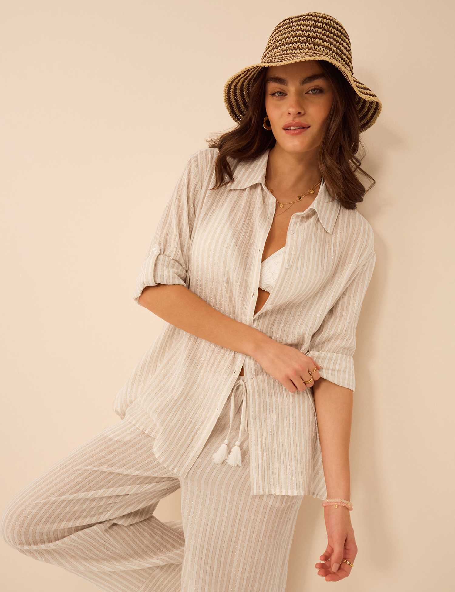 ACCESSORIZE Cotton Rich Striped Relaxed Beach Shirt Gold