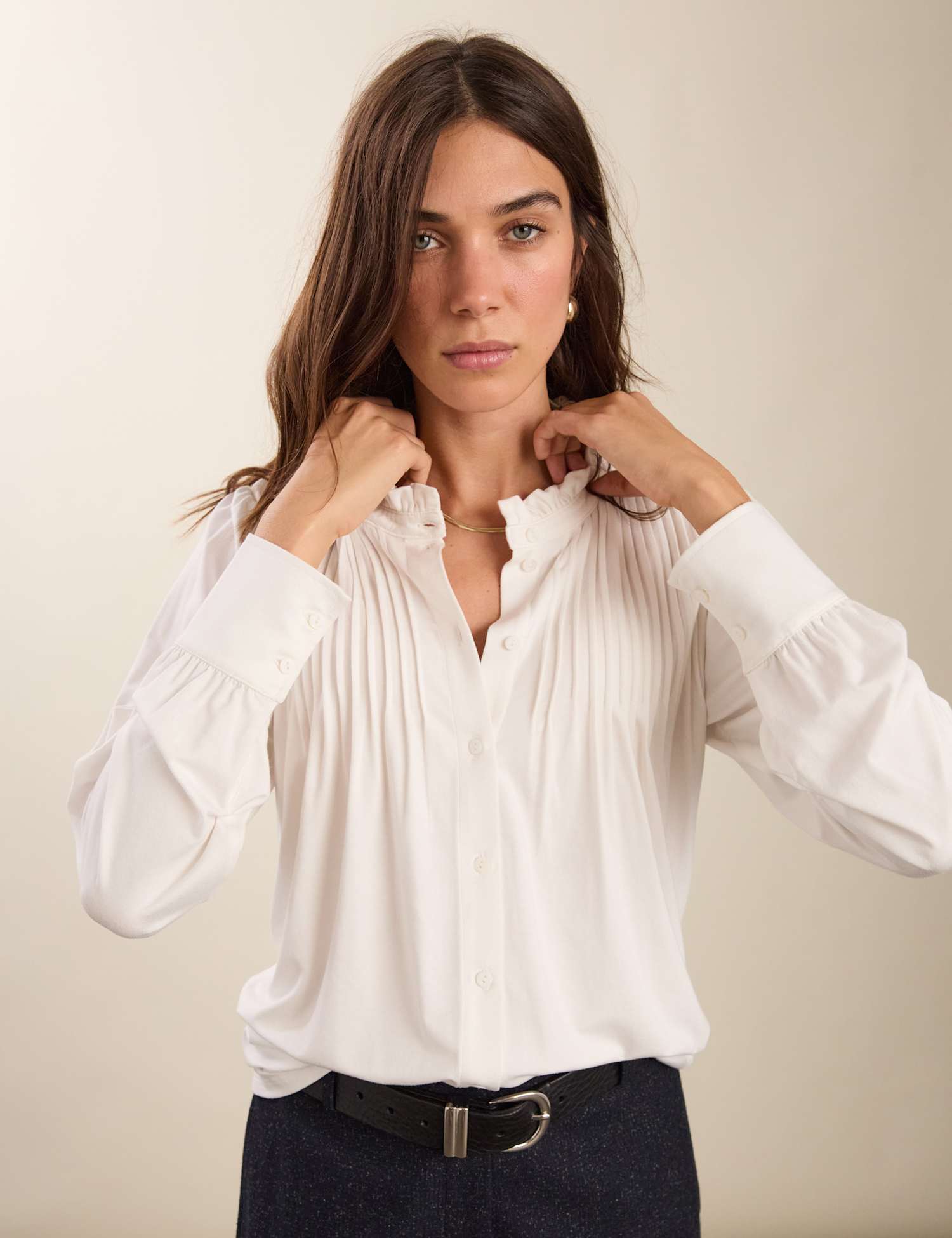 BAUKJEN High Neck Relaxed Pintuck Blouse White