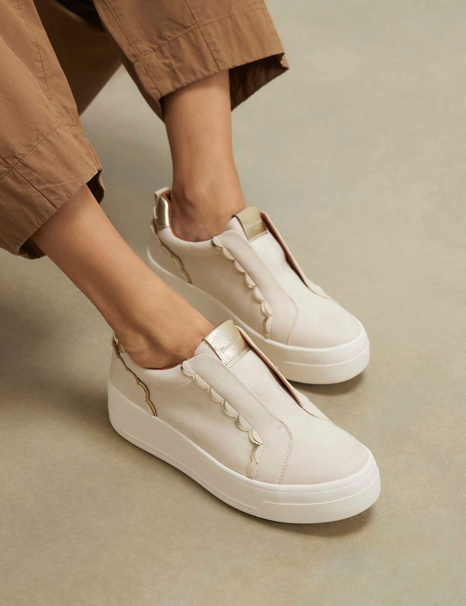 River Island Metallic Scallop Trim Slip On Flatform Trainers Beige
