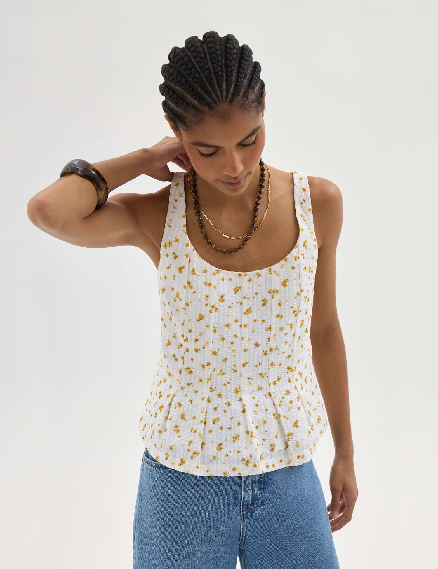 HUSH Pure Cotton Floral Textured Peplum Top White Mix