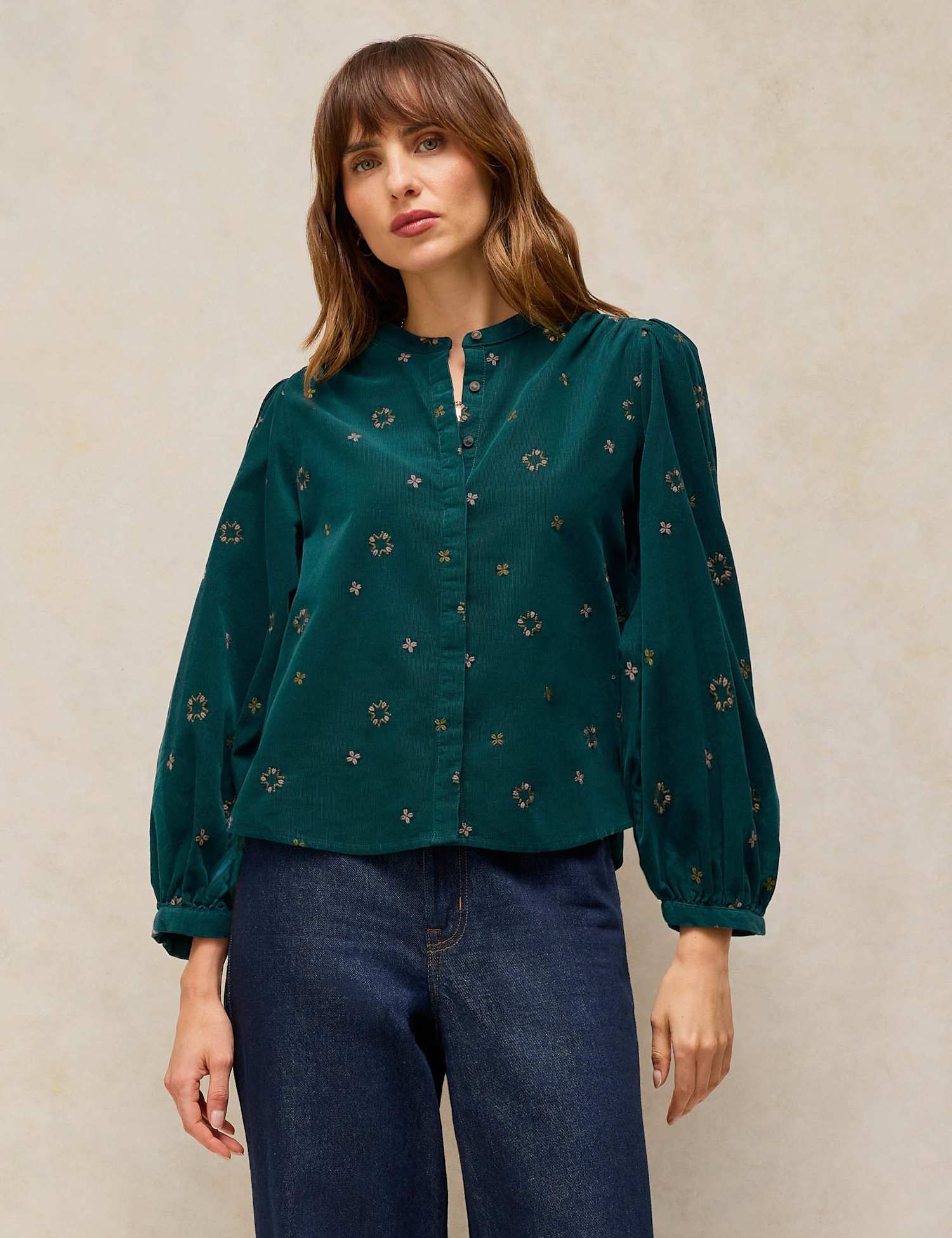 White Stuff Lana Cord Embroidered Top Dark Teal
