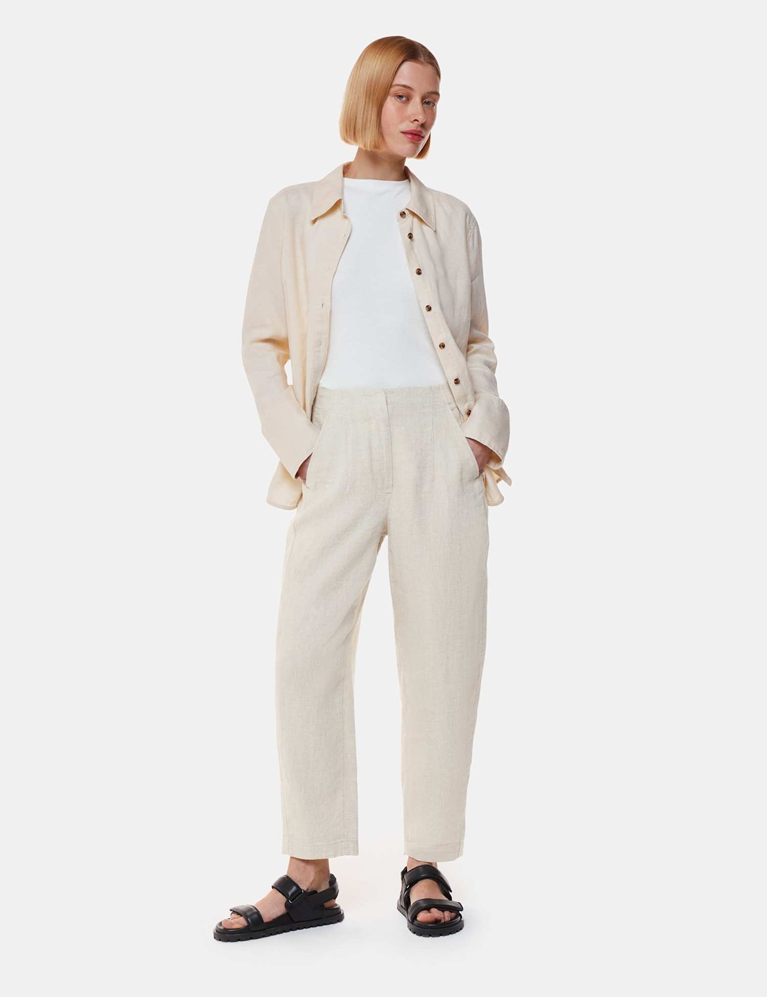 Whistles Pure Linen Barrel Leg Ankle Grazer Trousers Oatmeal