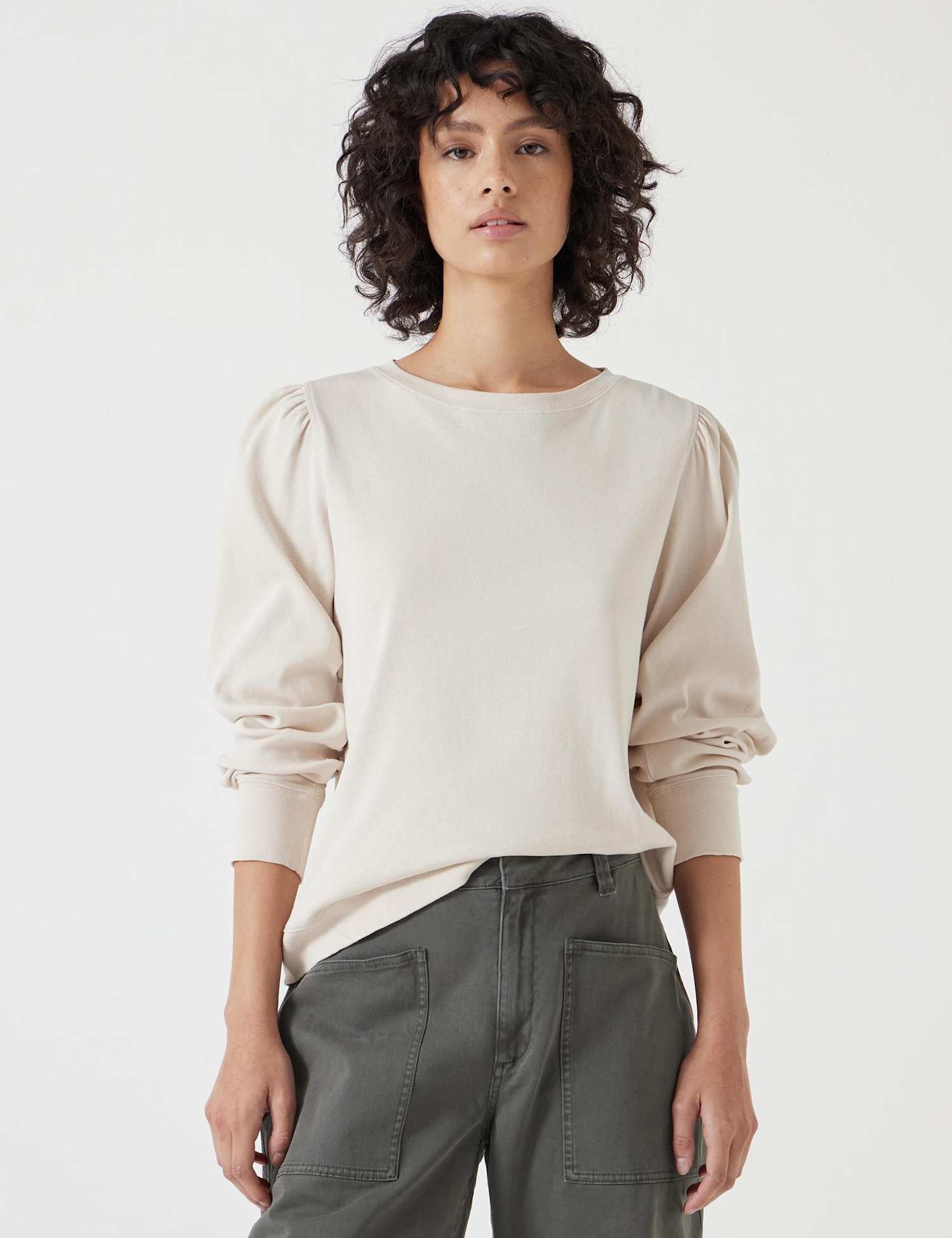 HUSH Emily Puff Sleeve Cotton Jersey Top Beige