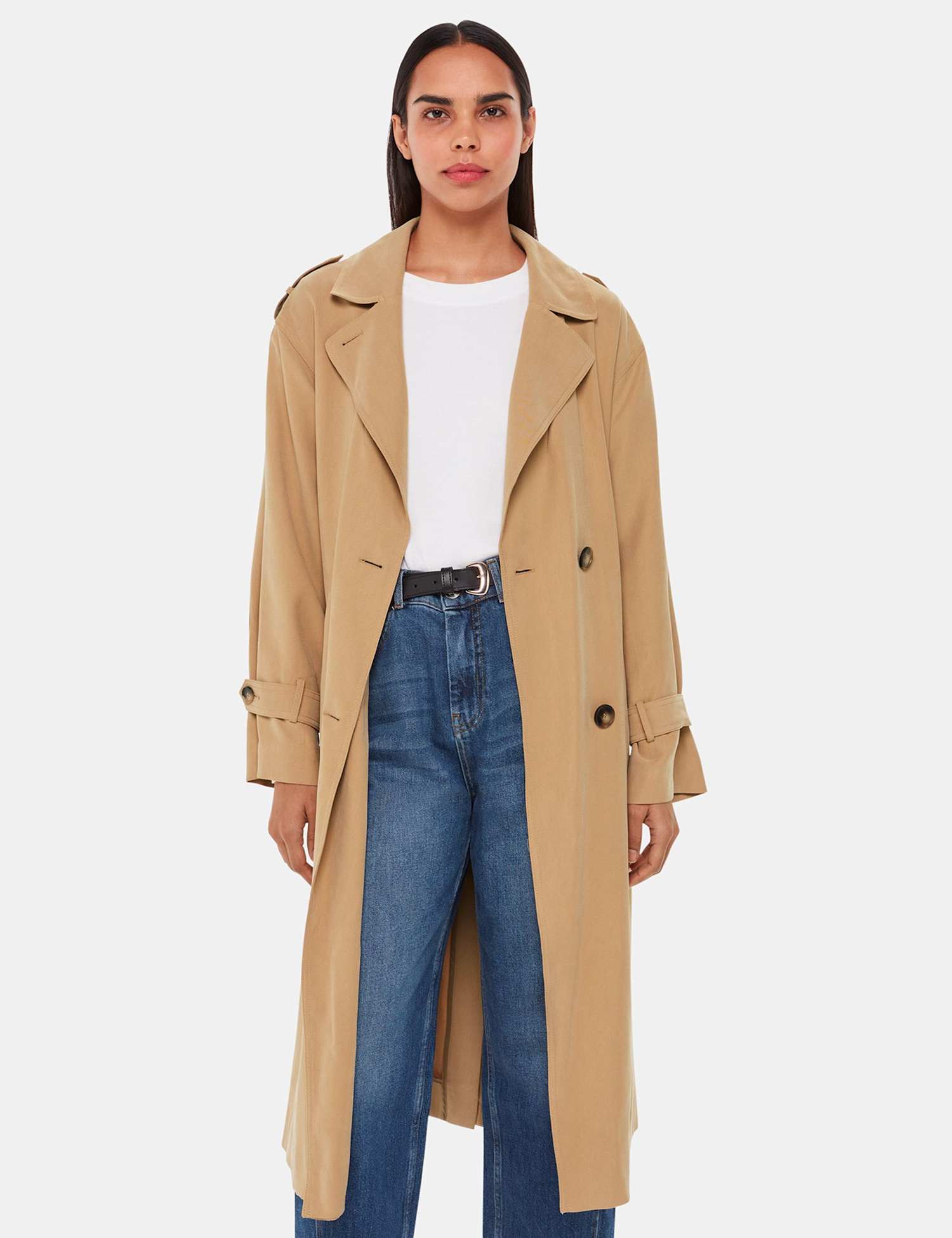 Whistles Riley Belted Longline Trench Coat Neutral
