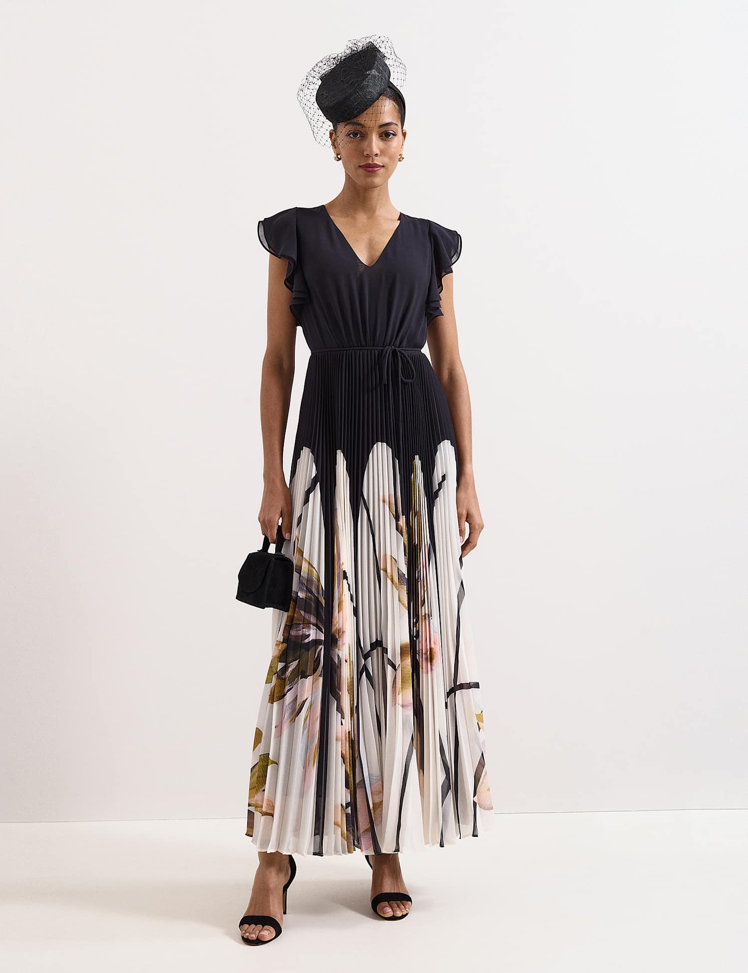Phase Eight Floral V-Neck Pleated Maxi Waisted Dress Black Mix