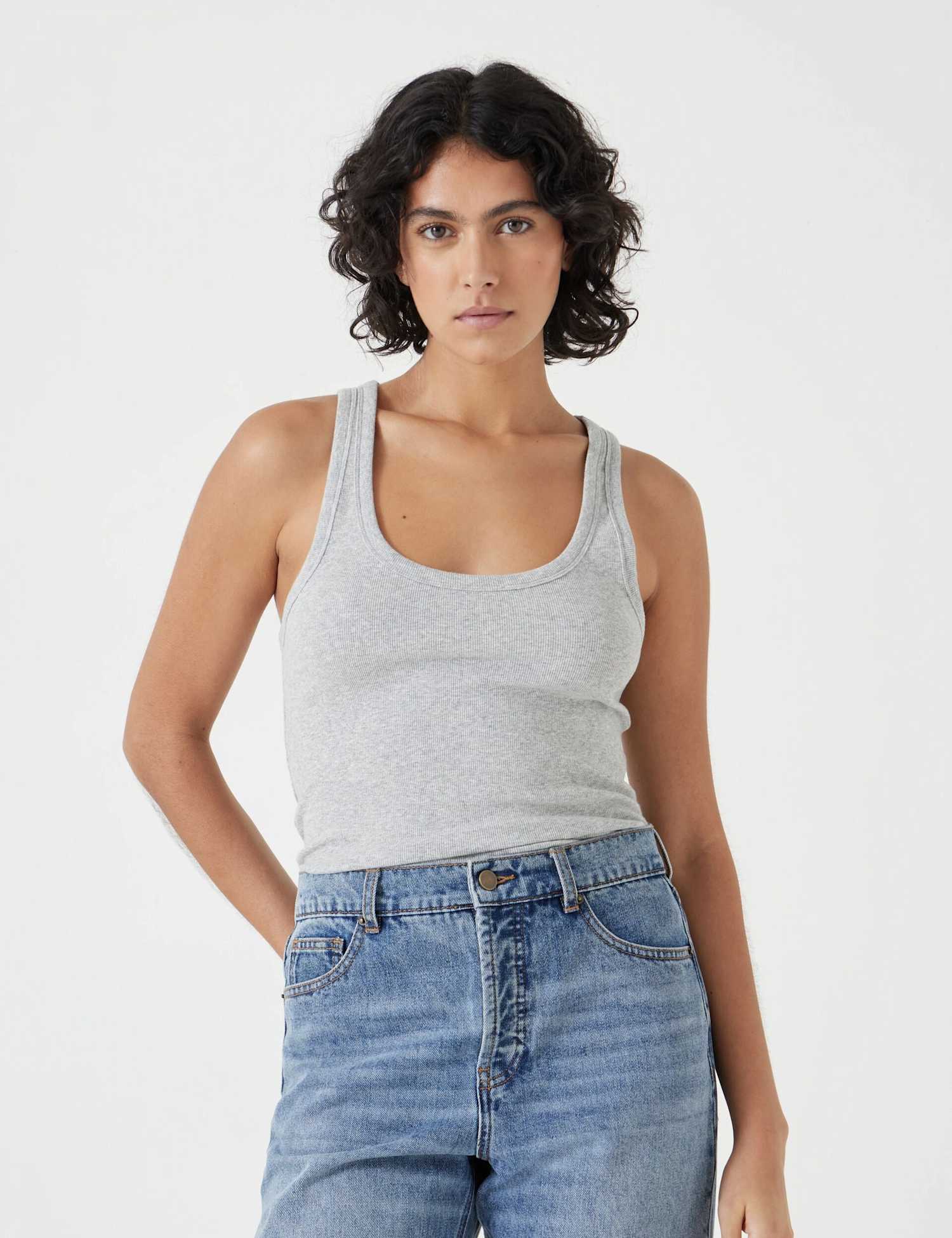 HUSH Cotton Rich Ribbed Scoop Neck Vest Top Grey Marl