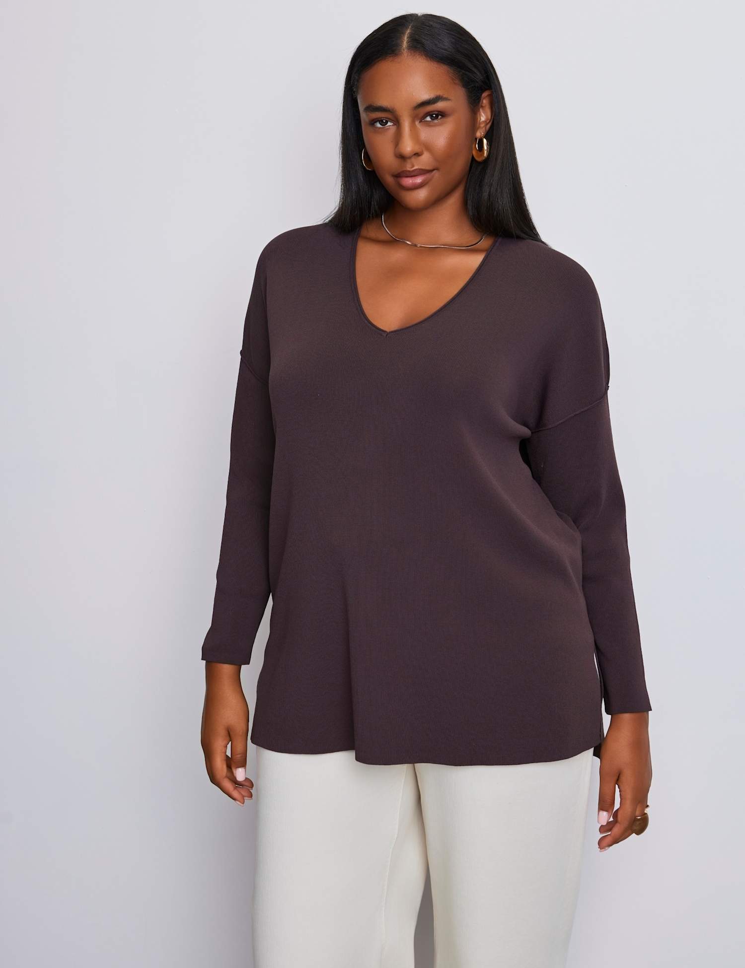 Live Unlimited London Ribbed V-Neck Jumper Brown