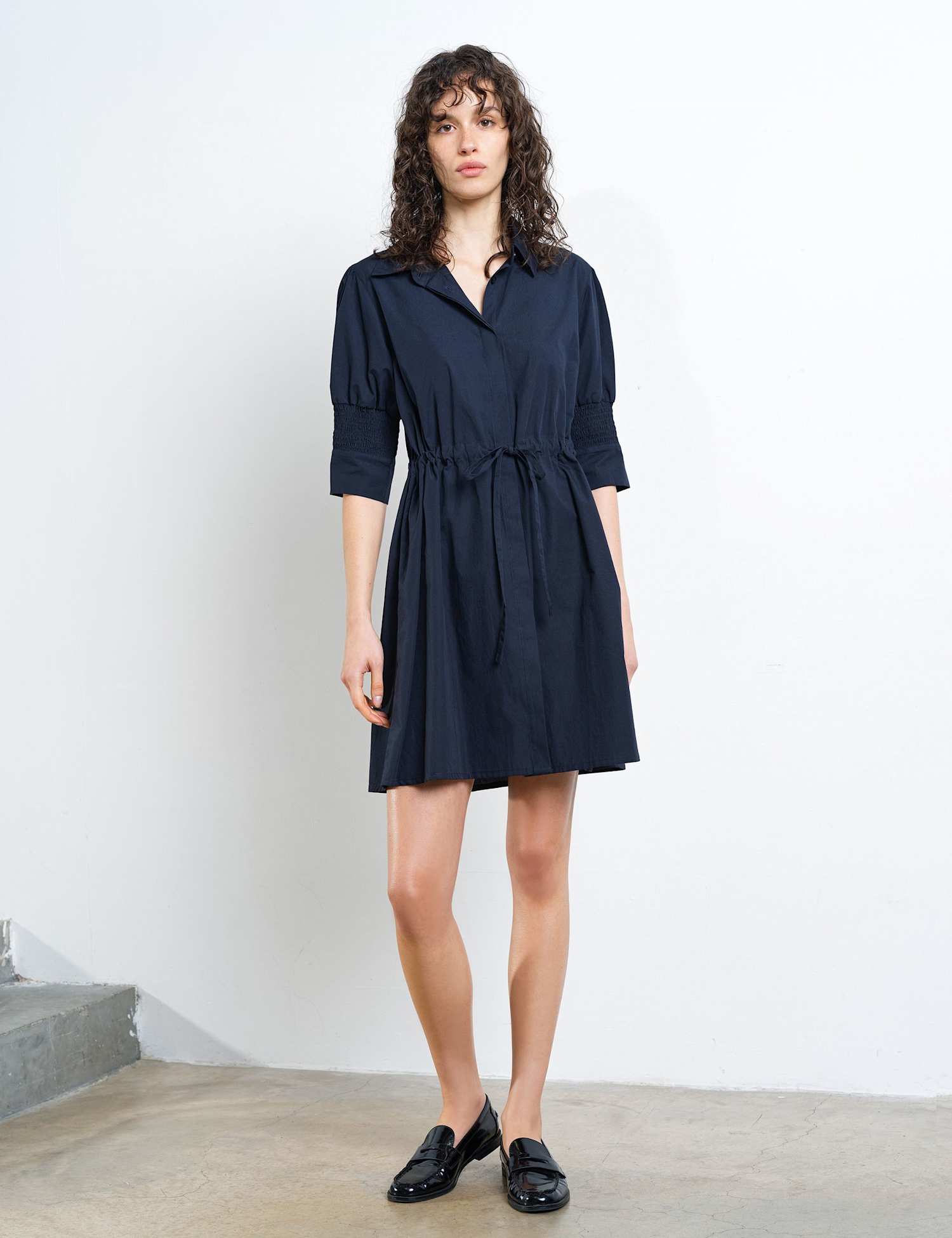 French Connection Pure Cotton Tie Waist Mini Shirt Dress Navy