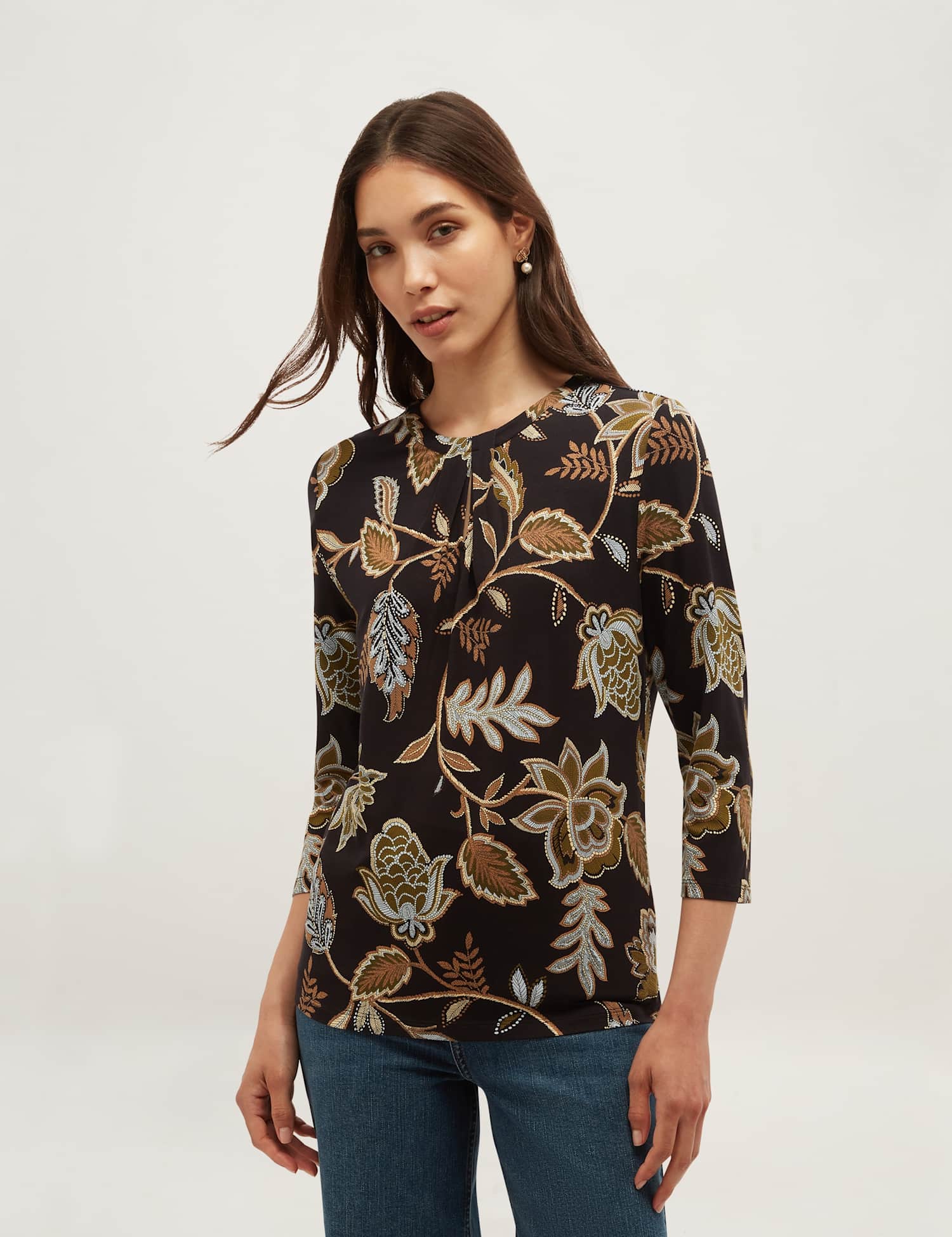HOBBS Jersey Floral Crew Neck Slim Fit Top Green Mix