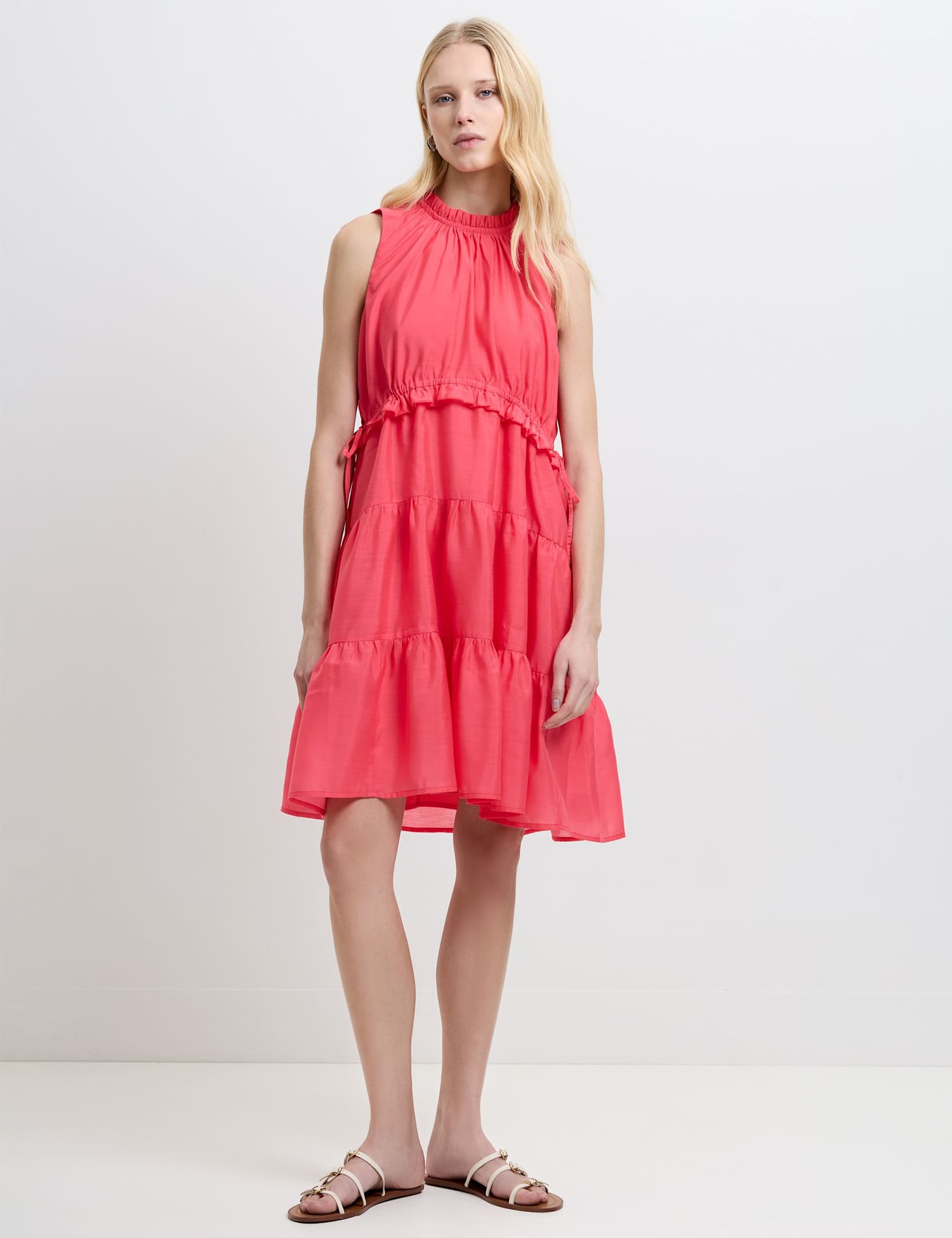 French Connection High Neck Ruffle Midi Tiered Dress Pink